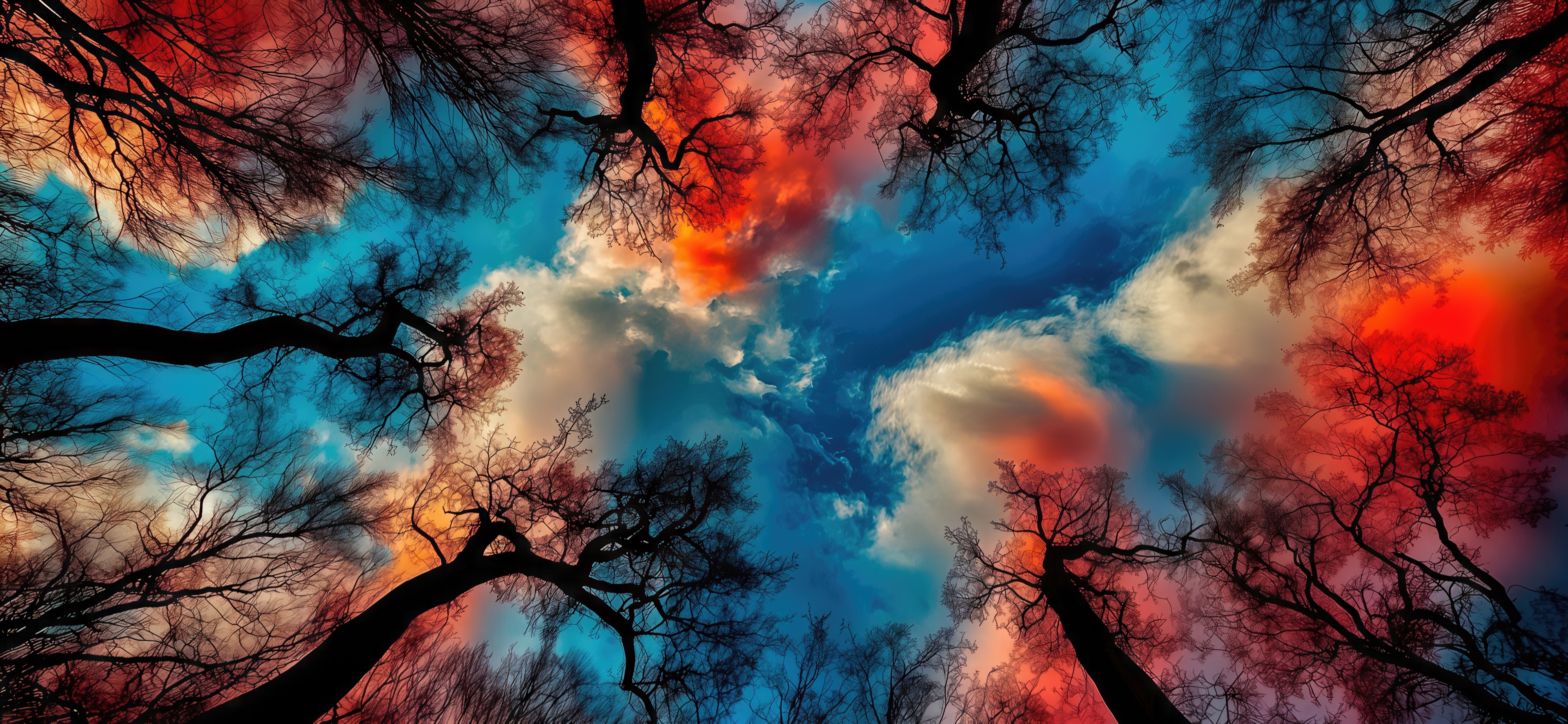Free photo Dramatic view from below of dark silhouettes of trees and raging fiery orange clouds in a deep blue sky.
