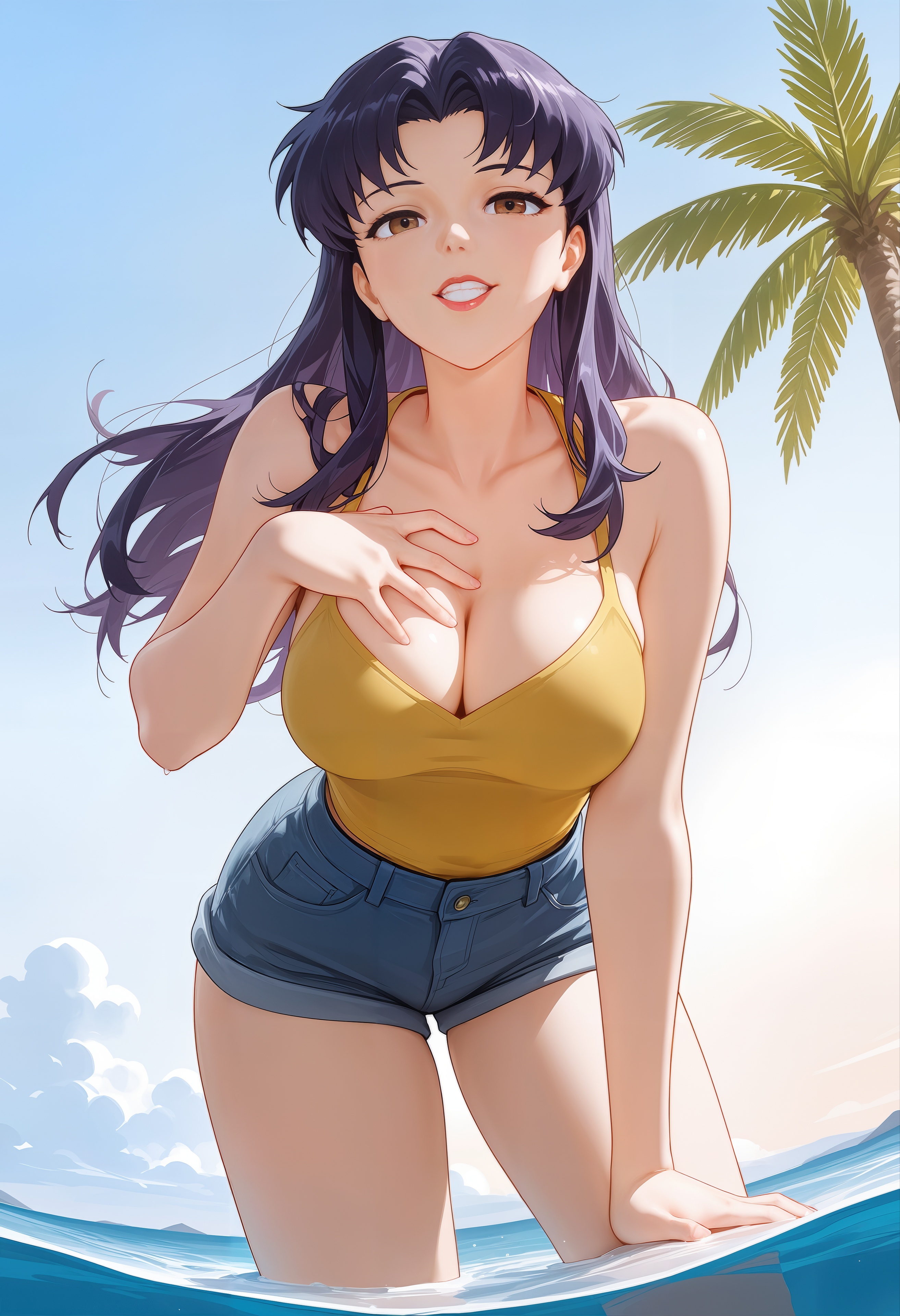 Free photo Misato Katsuragi on the beach: yellow top, denim shorts, smile.