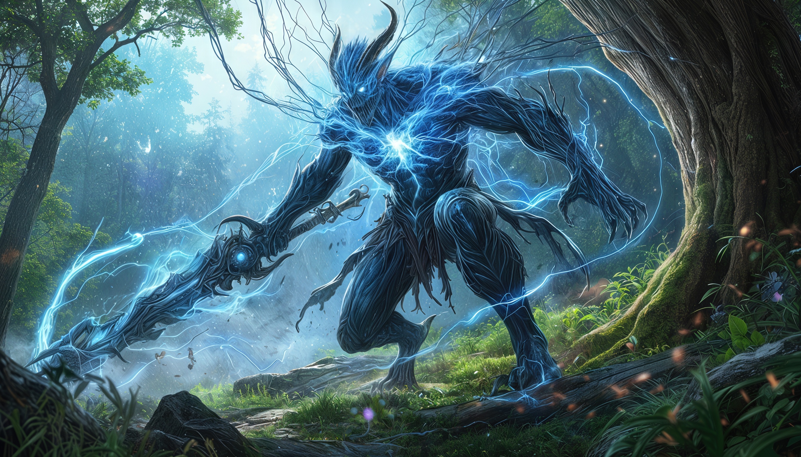 一个手持闪着蓝光的宝剑、浑身散发着魔法能量的食人魔站在森林中。