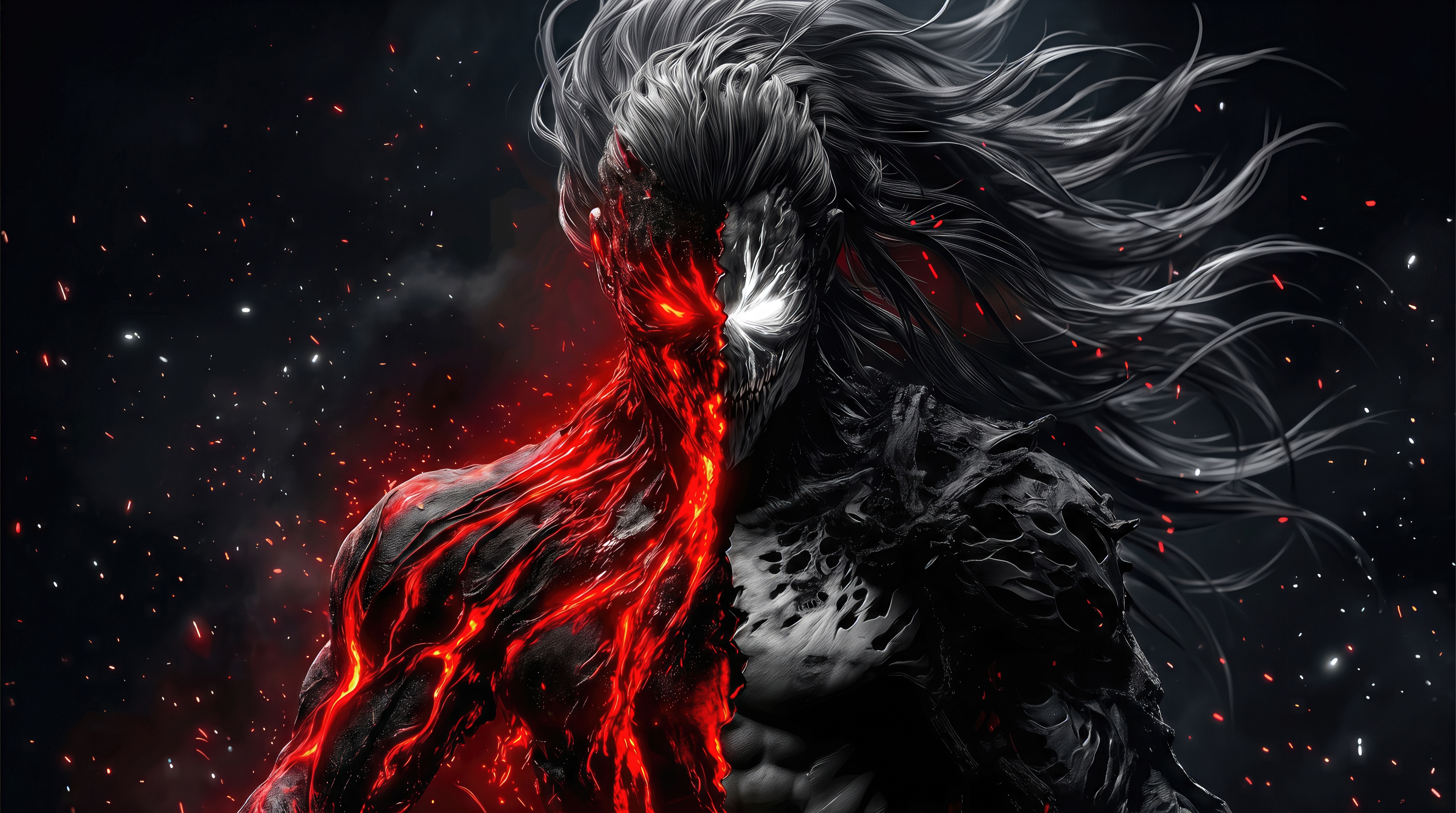 Free photo The division of the body into hellfire and cold dead stone symbolizes internal burnout and destructive rage.