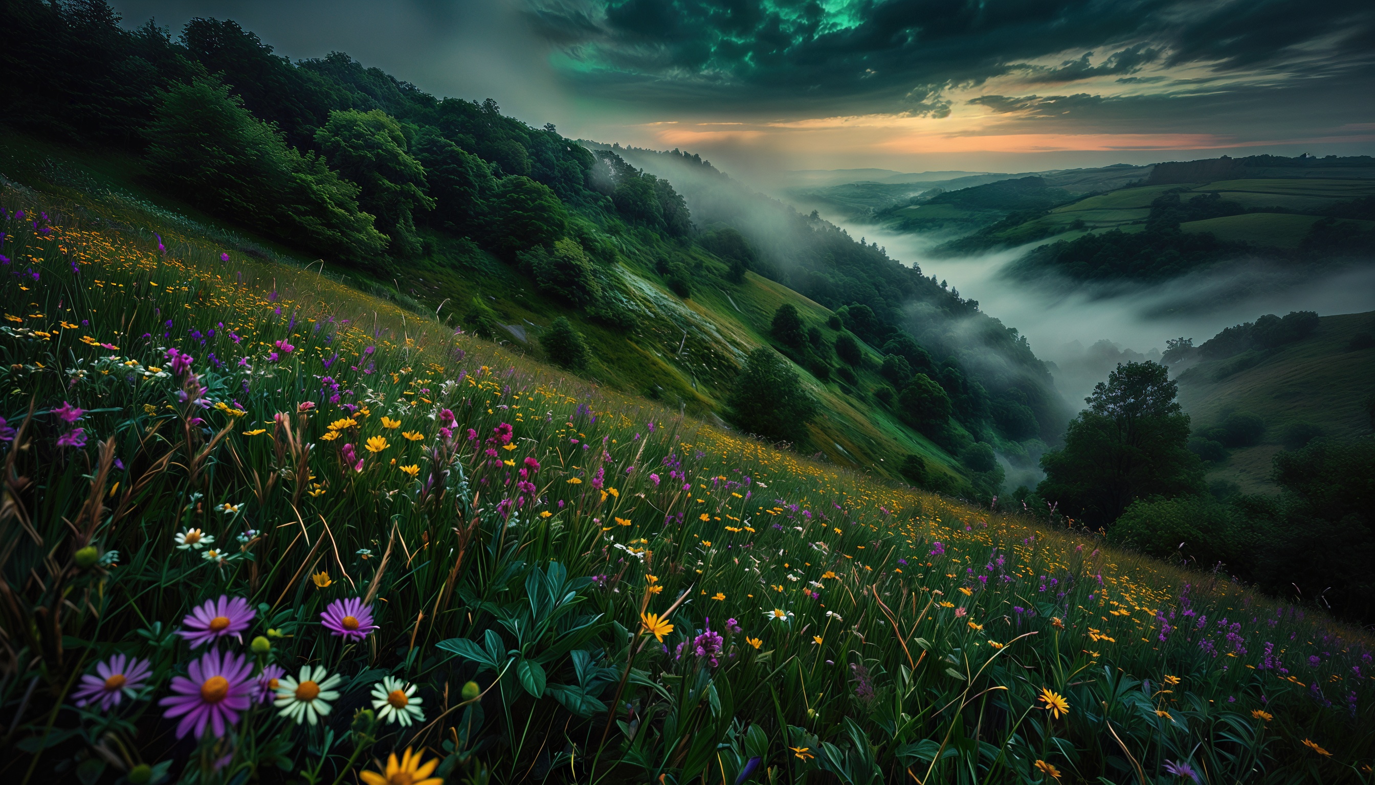 Бесплатное фото Живописный пейзаж с цветущими полями, лесистыми склонами и туманом, вдохновленный видами Карпатских гор.