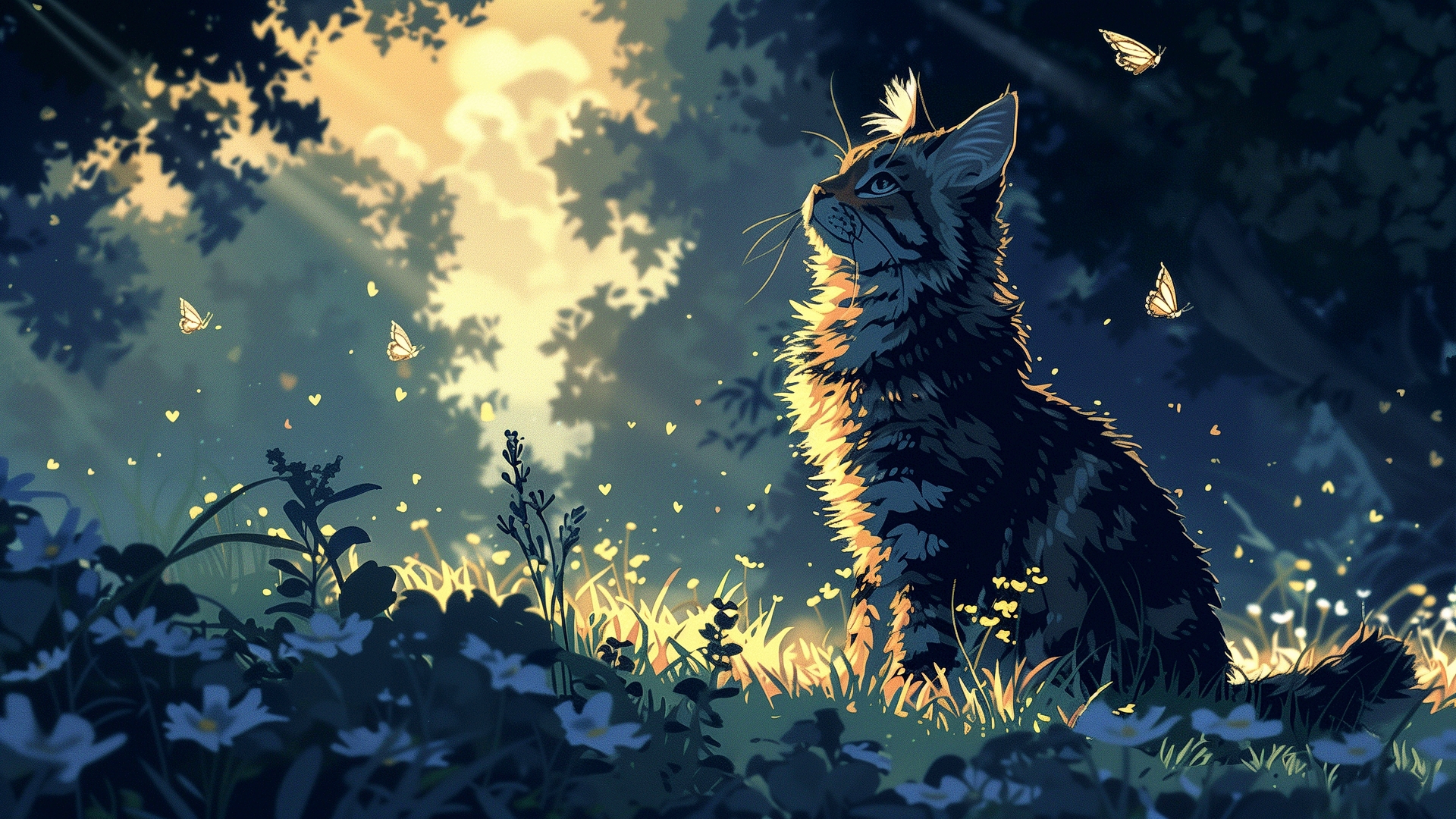 Бесплатное фото Кошка сидит на траве и смотрит в  небо на закате дня