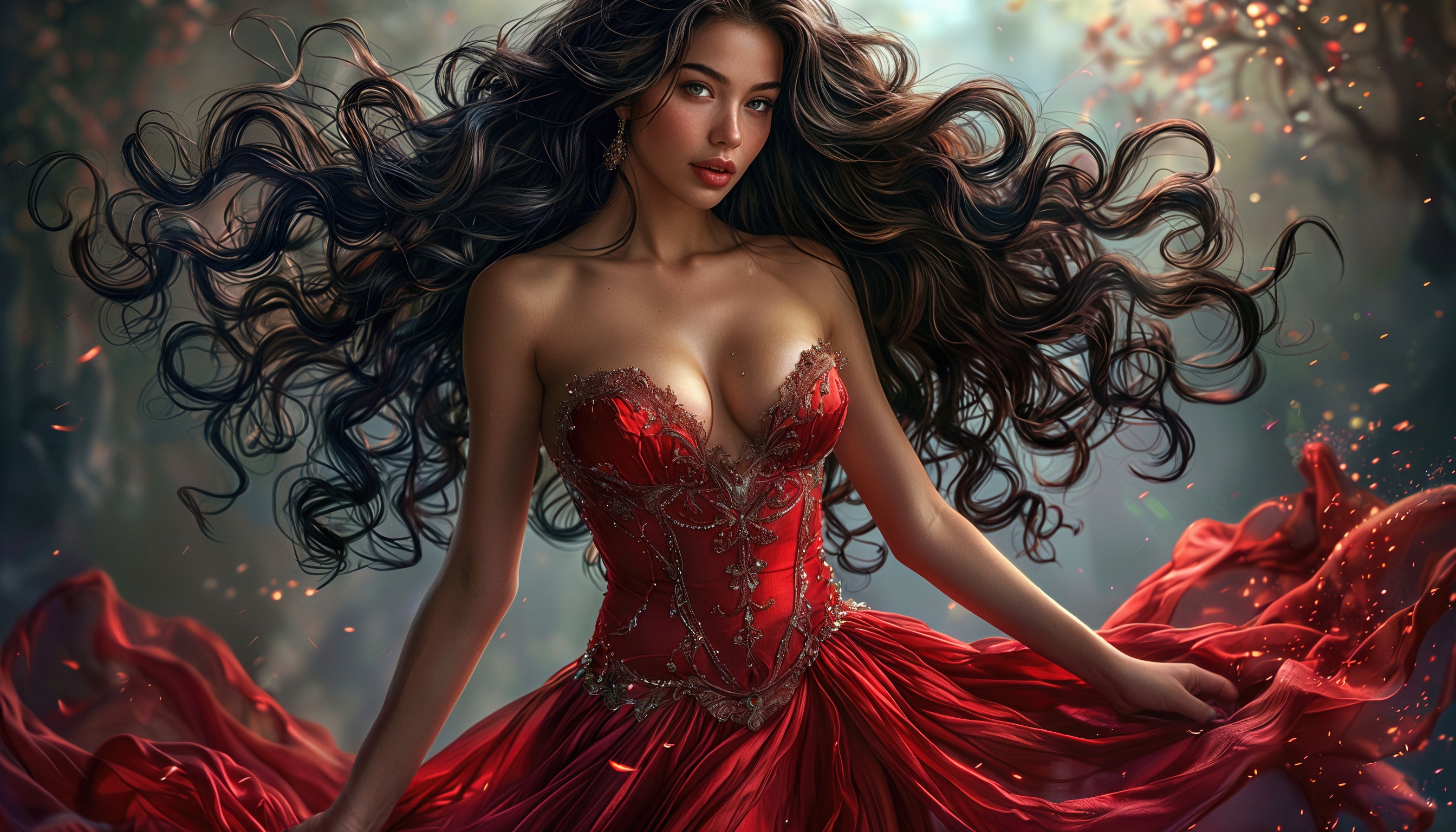 Девушка в красном платье с корсетом и пышной юбкой, украшенном золотистыми элементами, на фоне волшебных красных искр.