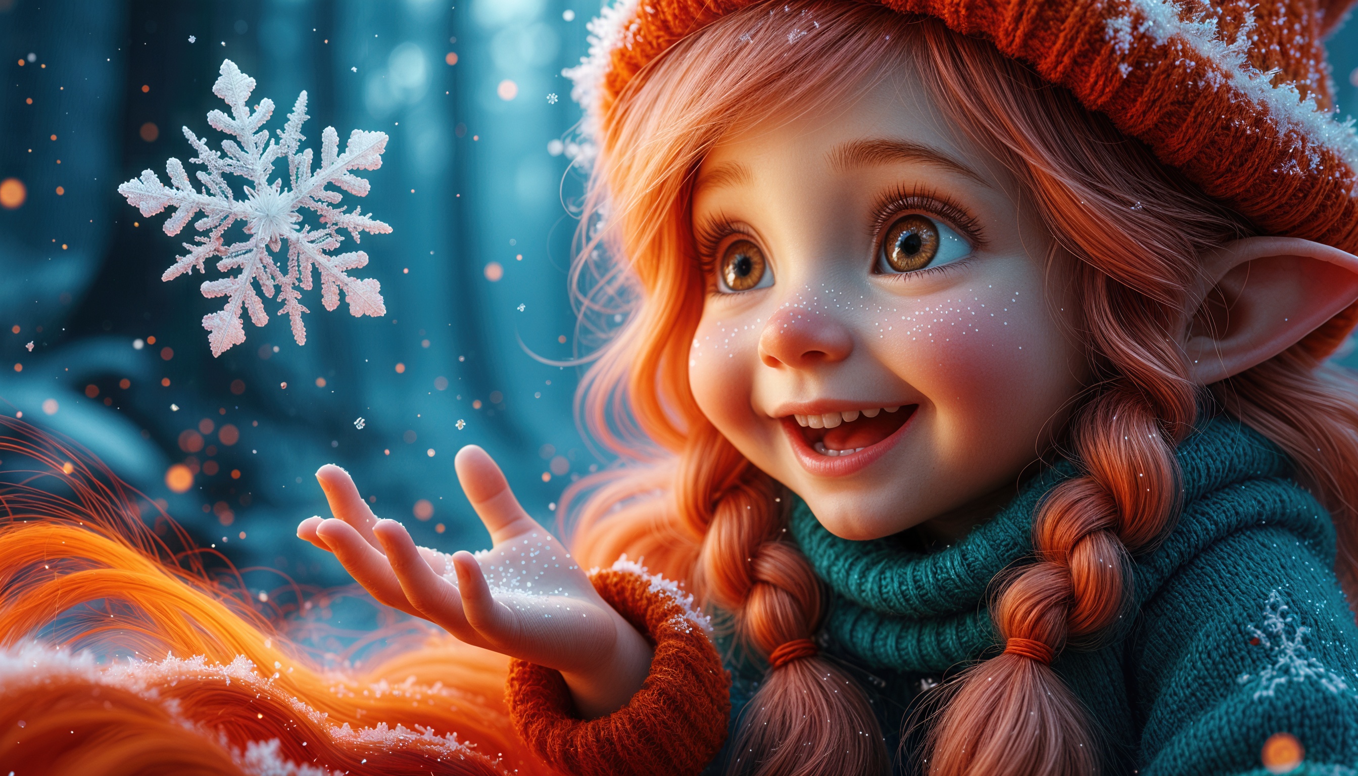 Девочка-эльфийка с помощью магии создаёт огромную снежинку над ладонью.