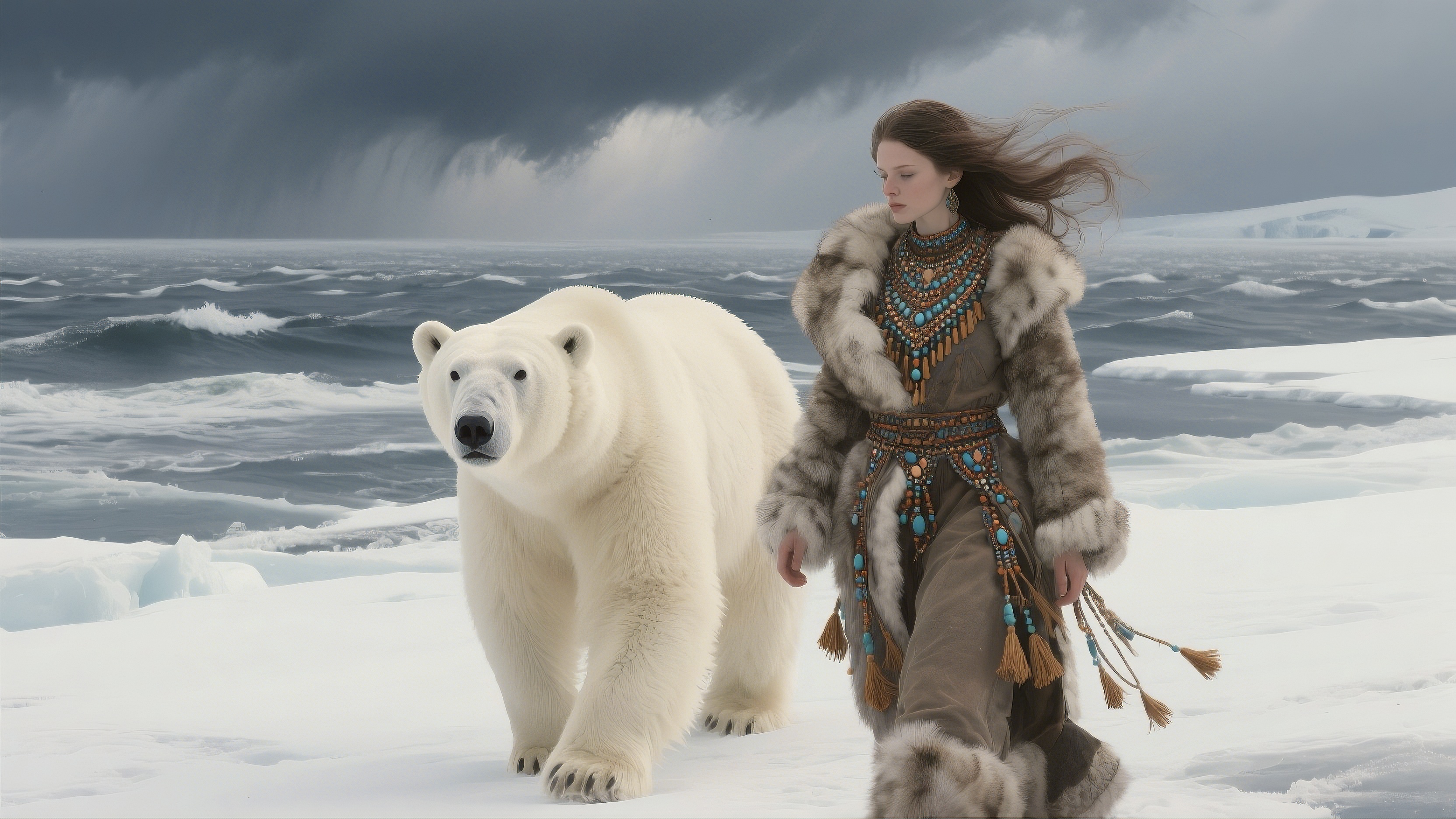 Женщина в туземном одеянии стоит рядом с белым медведем на снегу
