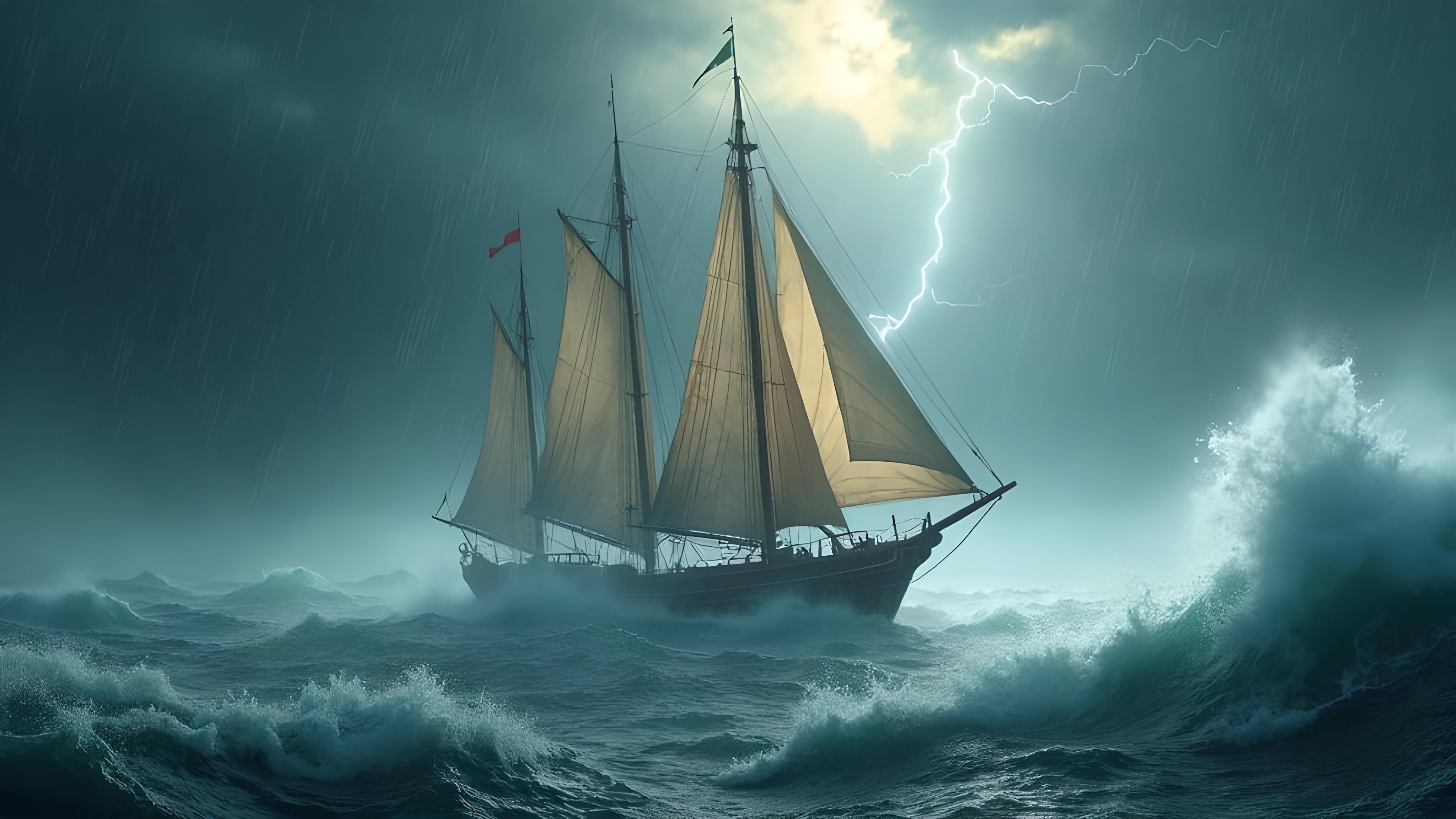 Лодка в шторм плывет по темному океану.