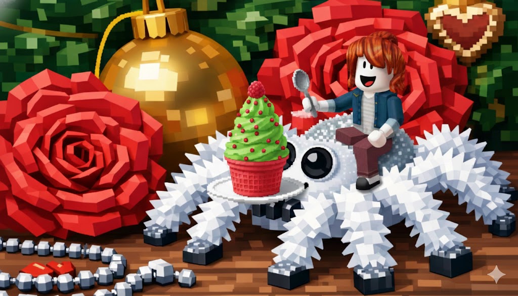 Бесплатная открытка Персонаж из роблокс и паук едят мороженое.