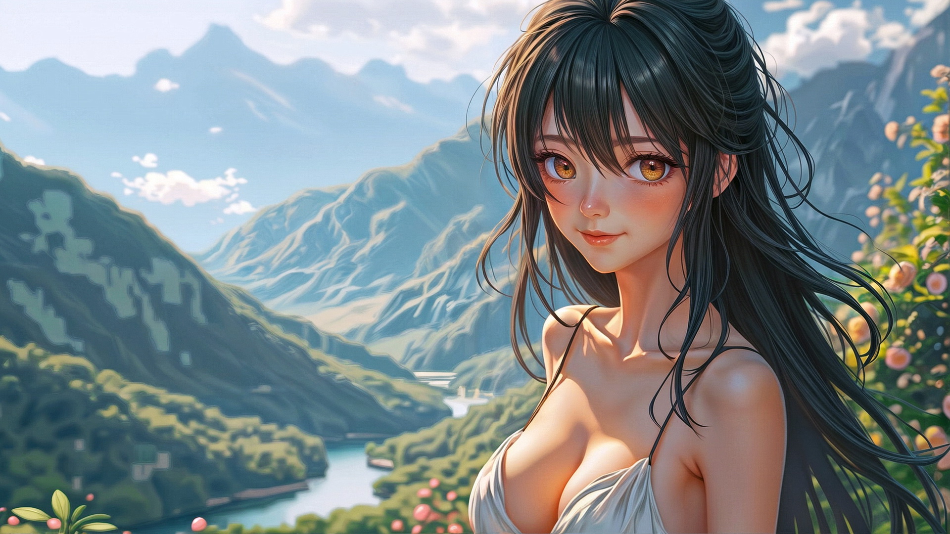 免费照片以群山为背景的黑色长发女孩肖像