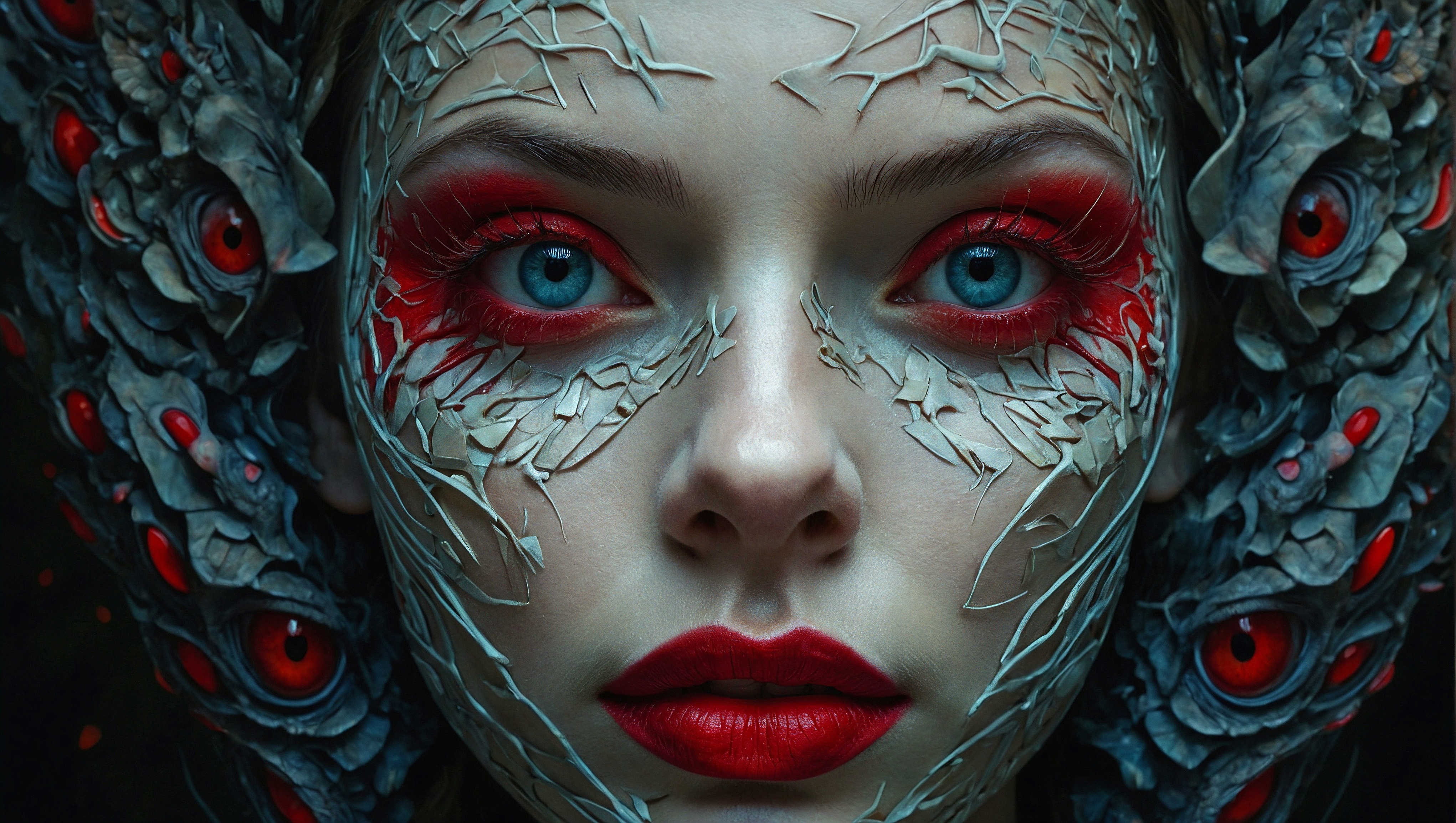 У девушки красные глаза и макияж на лице.