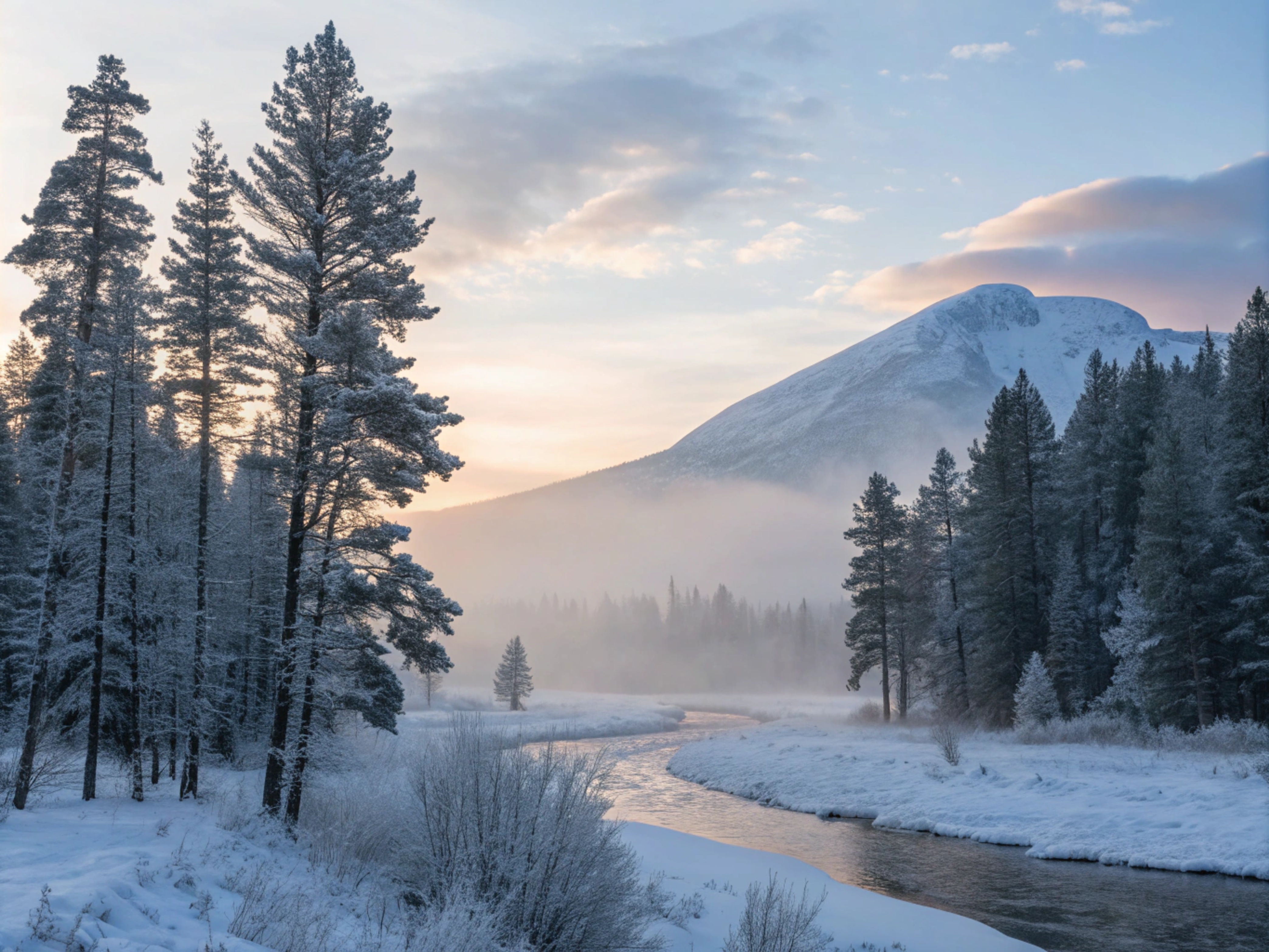 Бесплатное фото Зимний рассвет над рекой в лесу
