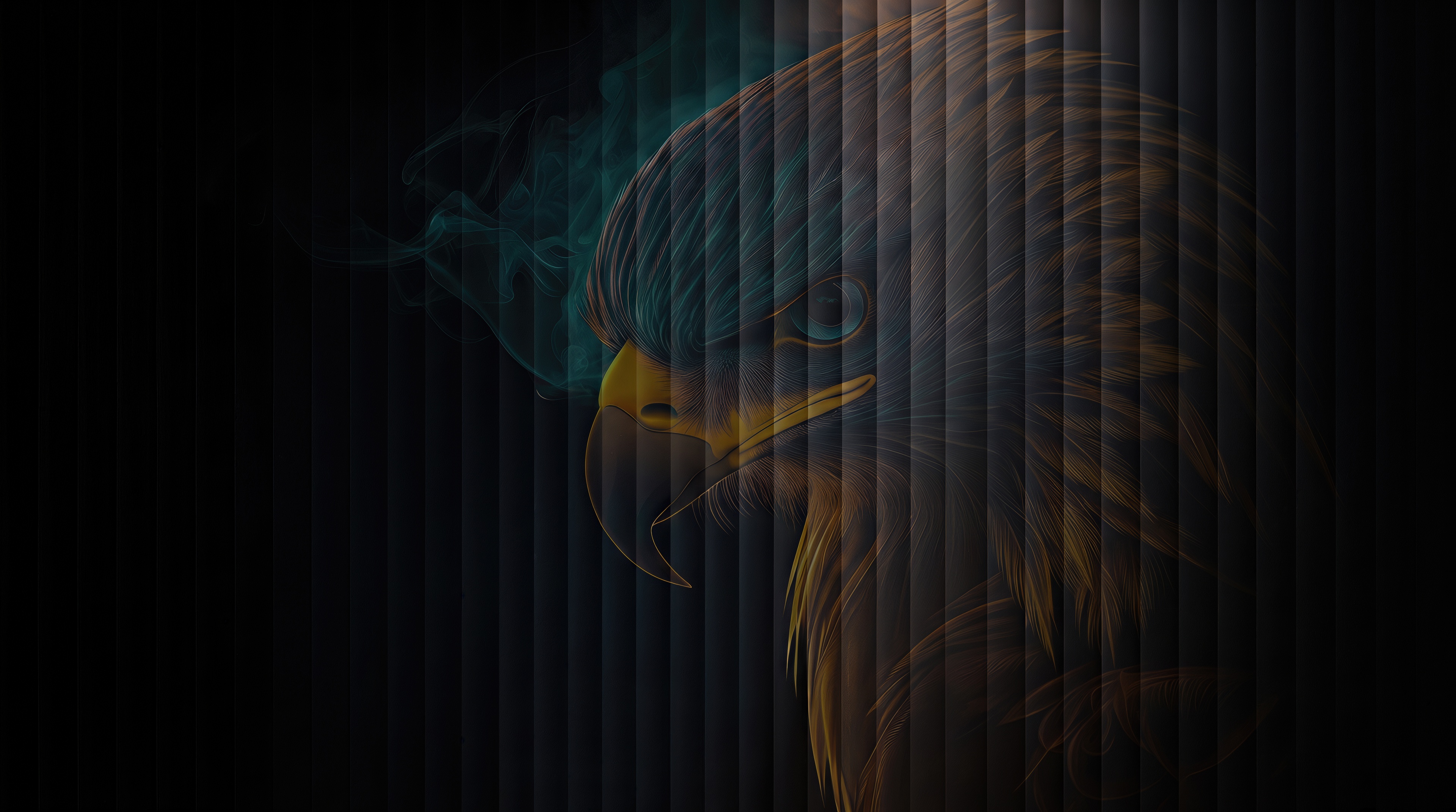 Free photo The proud profile of an eagle with golden plumage shows through the dark vertical blinds.