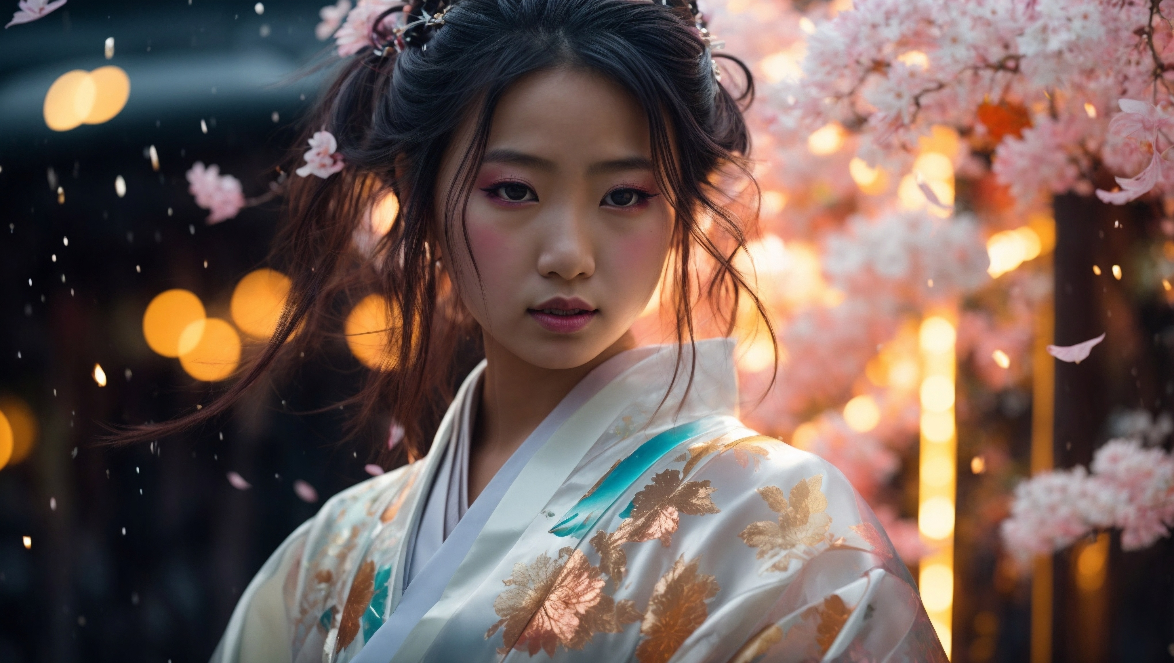 Free photo A geisha in white wearing a pink flower in her hair