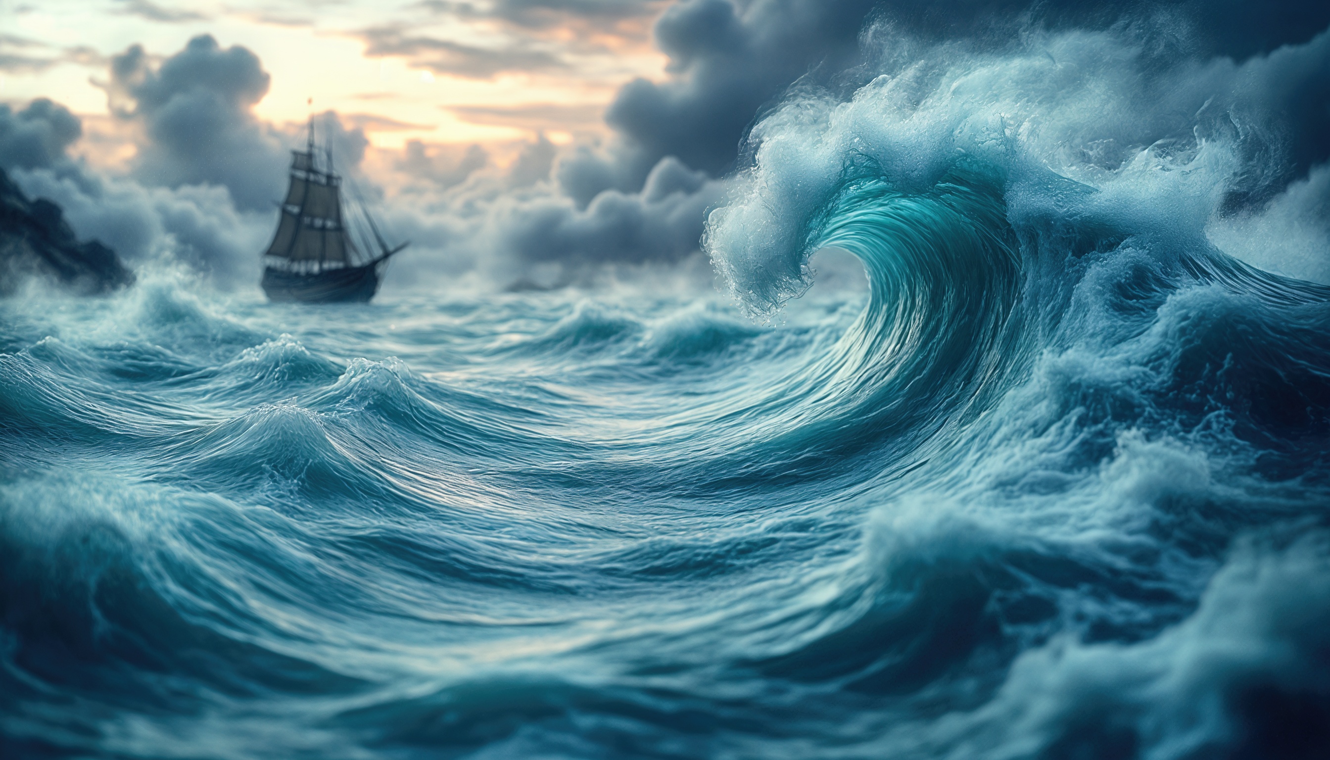Бесплатное фото Корабль в бурном море на фоне заката, передающий драматизм и красоту морских стихий.