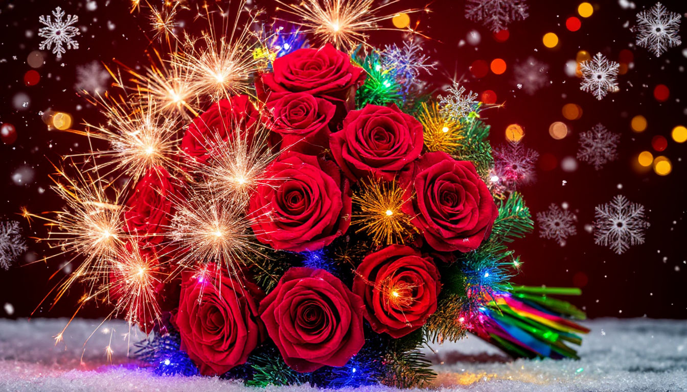 Бесплатная открытка Новогодний букет роз.
