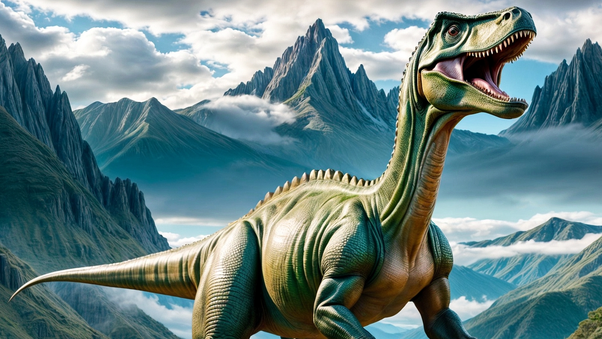Хищный зеленый динозавр на фоне гор