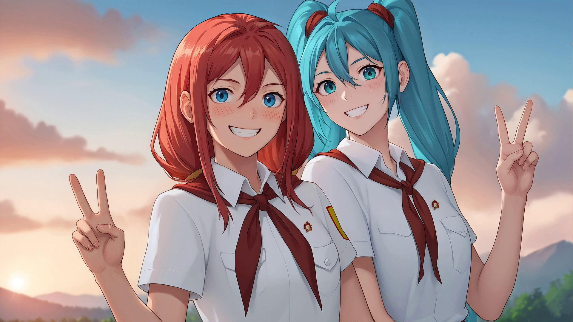 Miku 和 Ulyana 站在自然游戏《无限夏日》的背景中