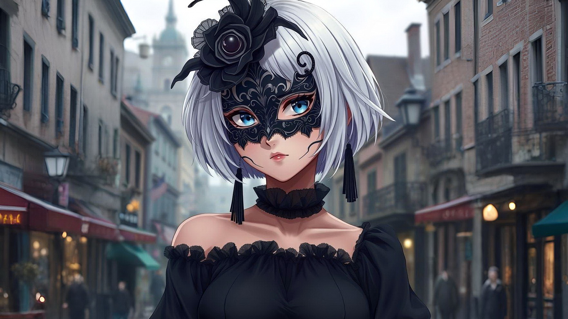 Portrait of a blonde girl in a black mask