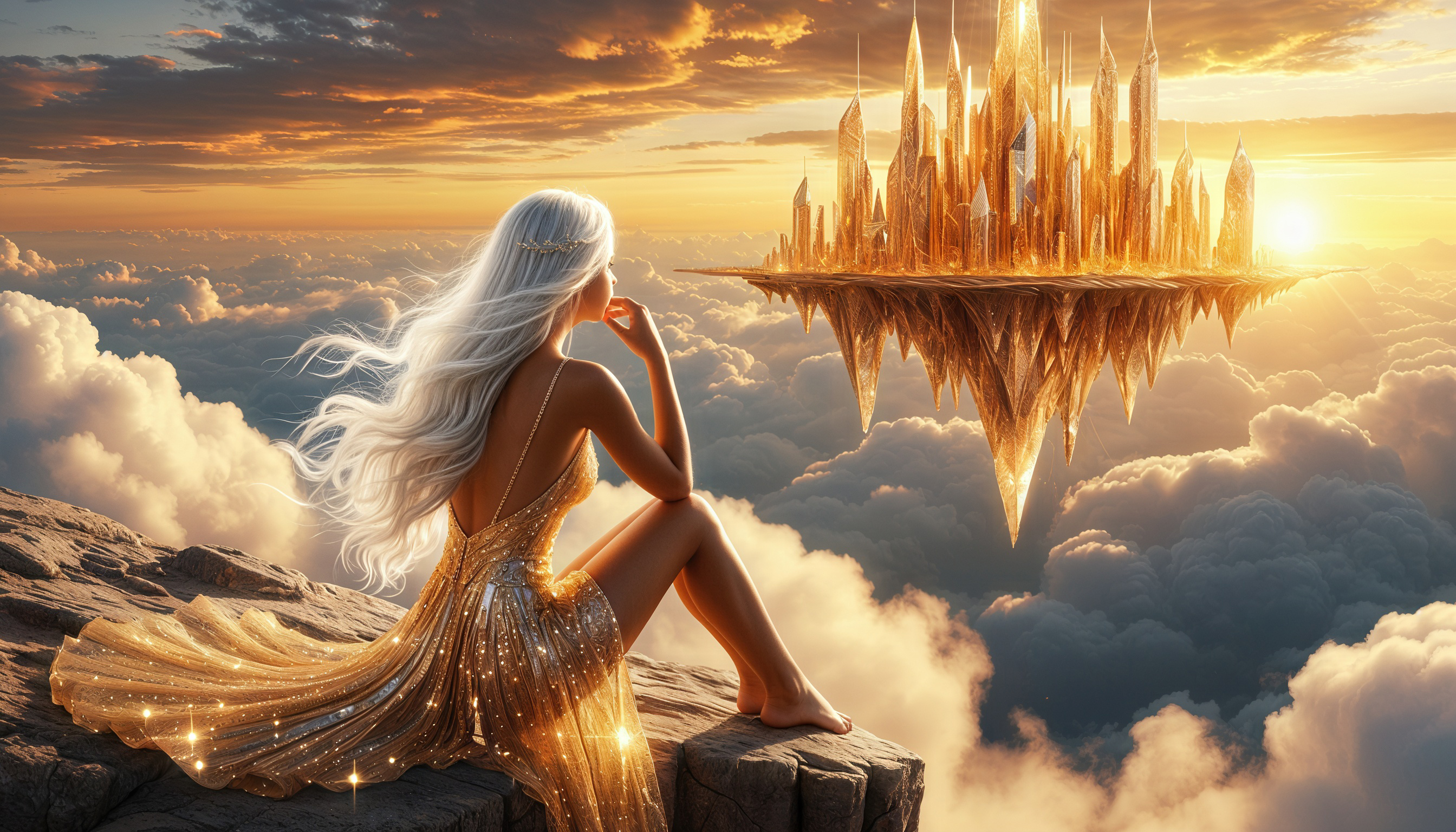Девушка с длинными светлыми волосами сидит на краю утёса и смотрит на золотой кристальный город, парящий в облаках.