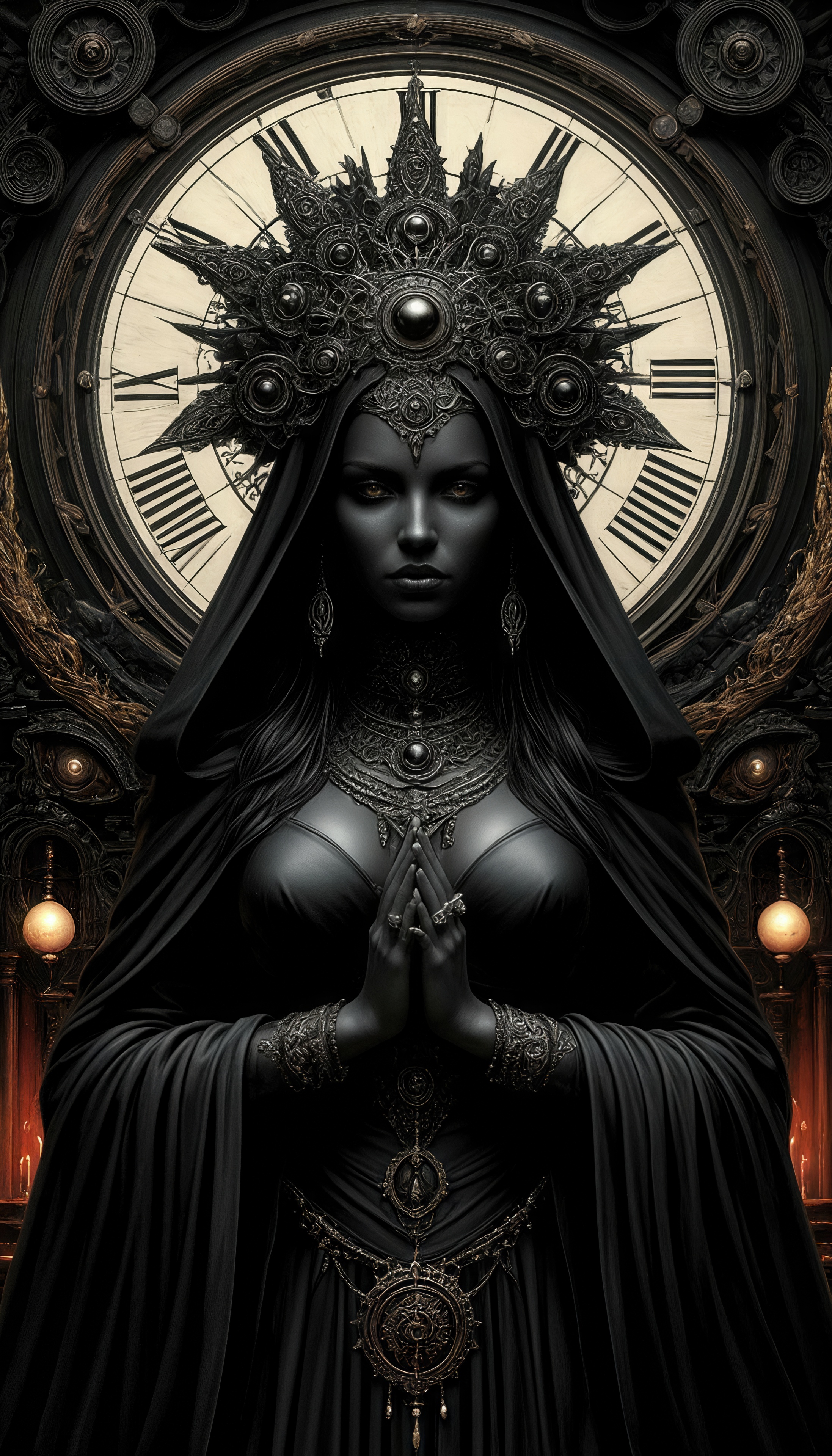 Free photo A dark goddess in a black robe on the background of a giant clock.