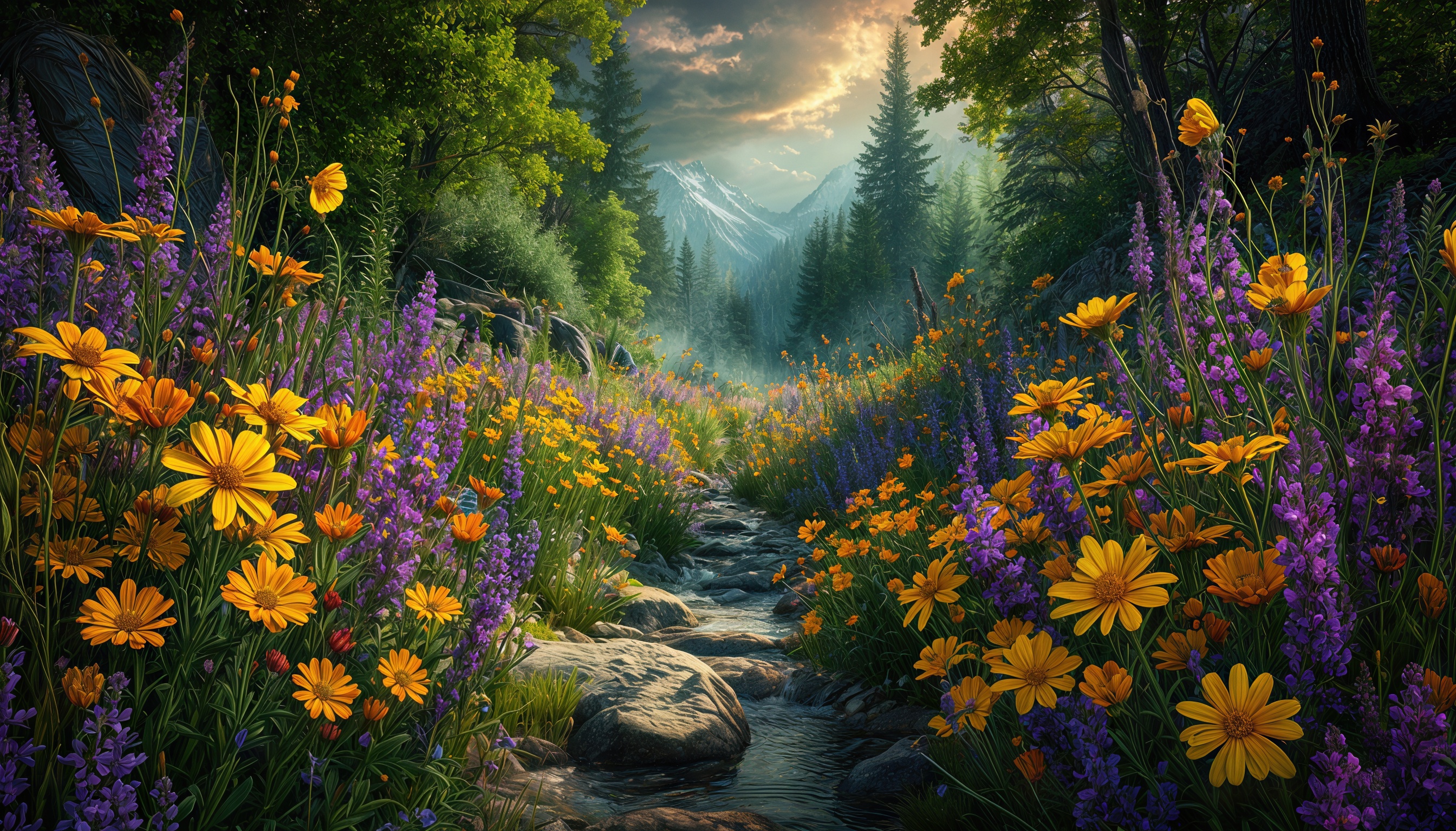 Бесплатное фото Цветущий луг с ручьем, горы на заднем плане, небо с облаками.