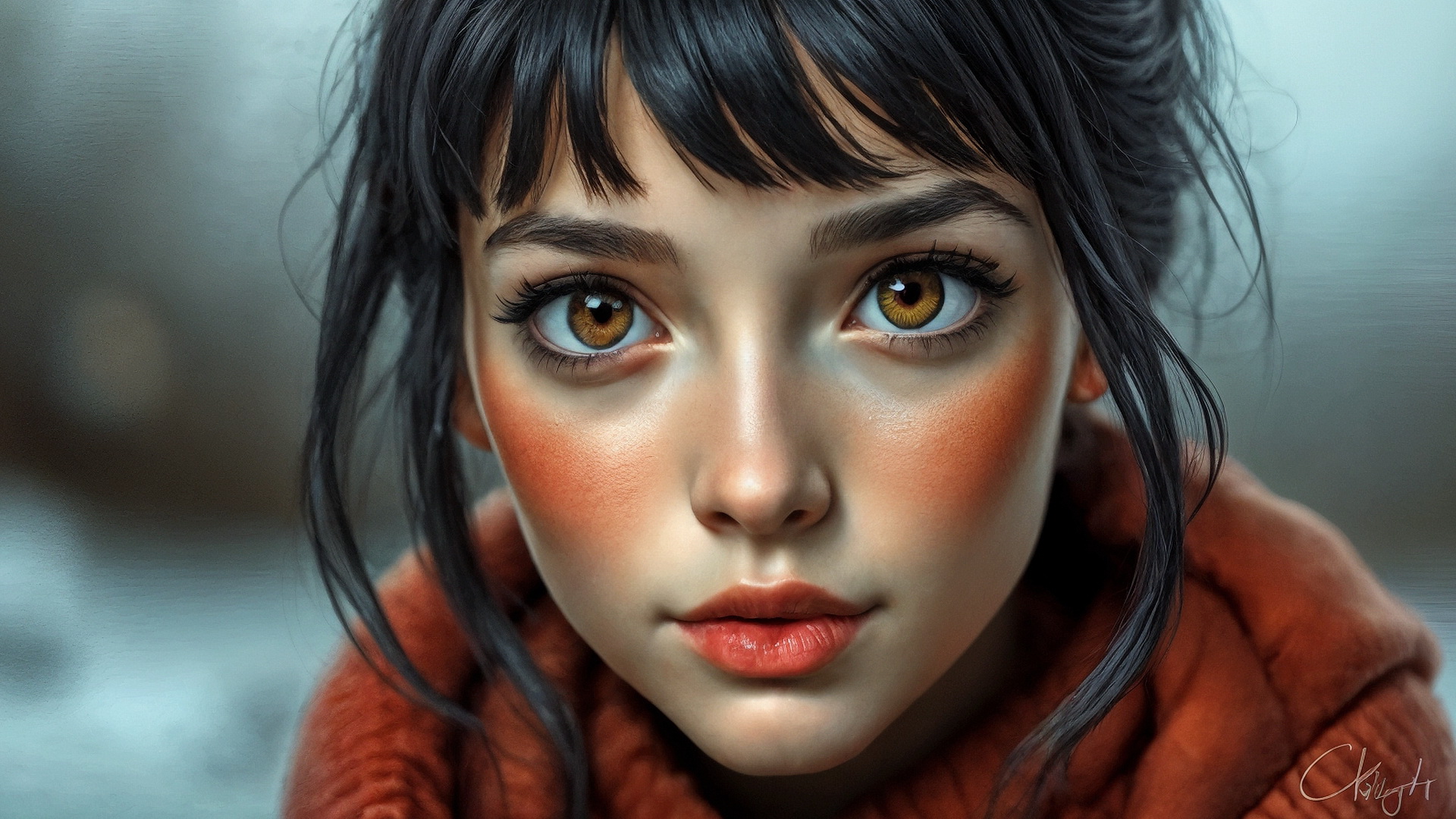 穿毛衣的黑发女孩肖像