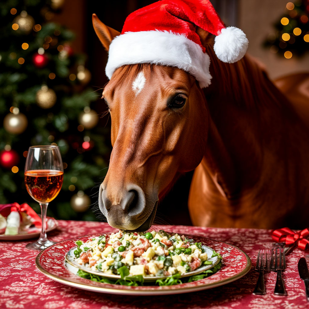 Бесплатная открытка Лошадь в шапочке ест оливье.