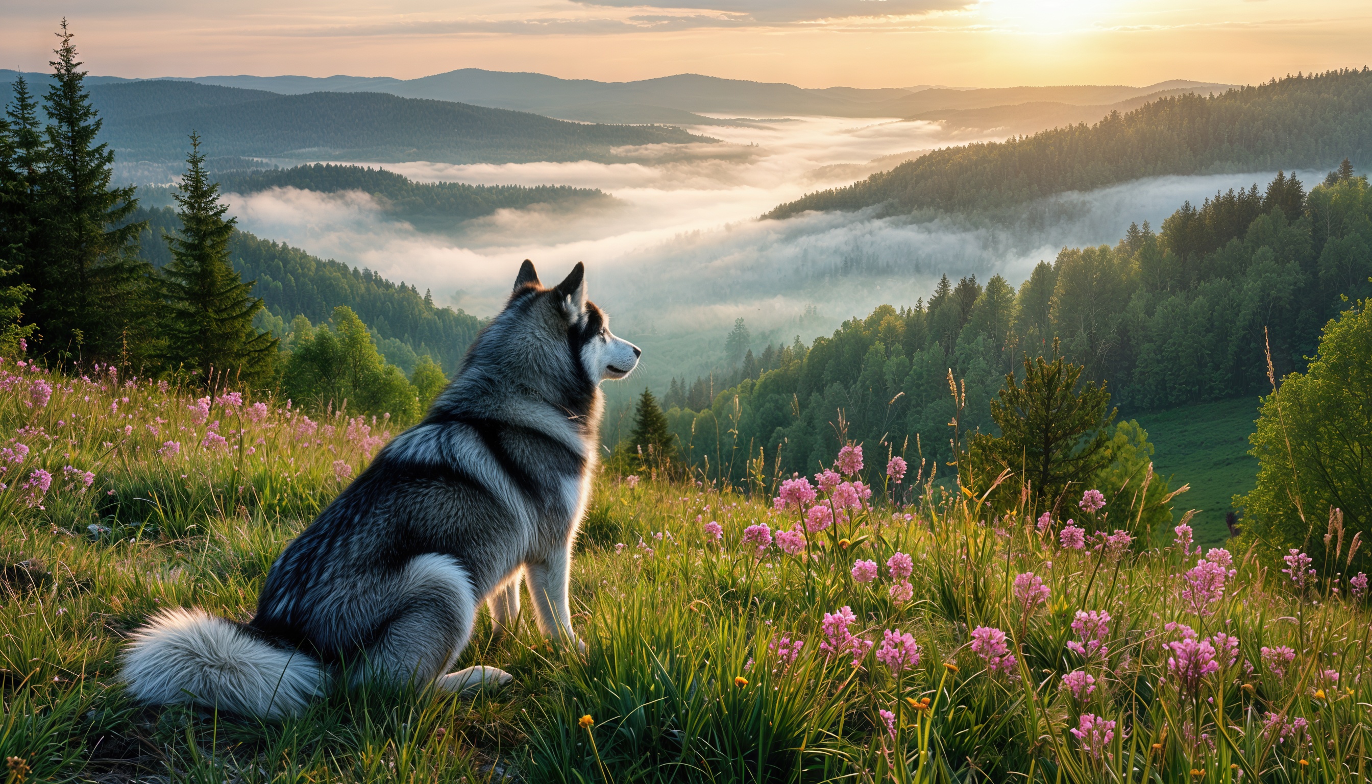 Бесплатное фото Волк наблюдающий за красотой заката и спокойствием вокруг.