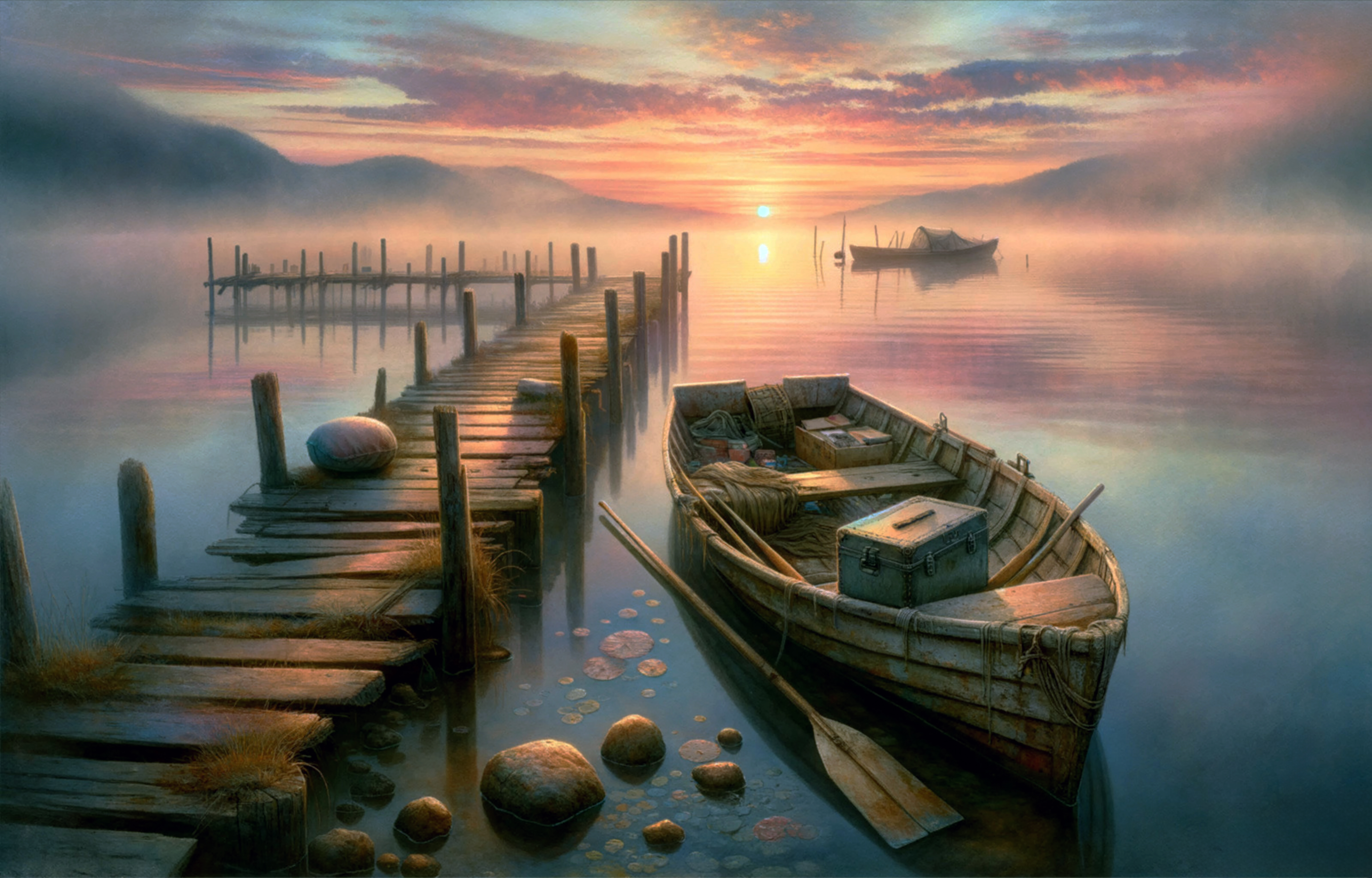 免费照片黎明时分，码头上的一艘船。