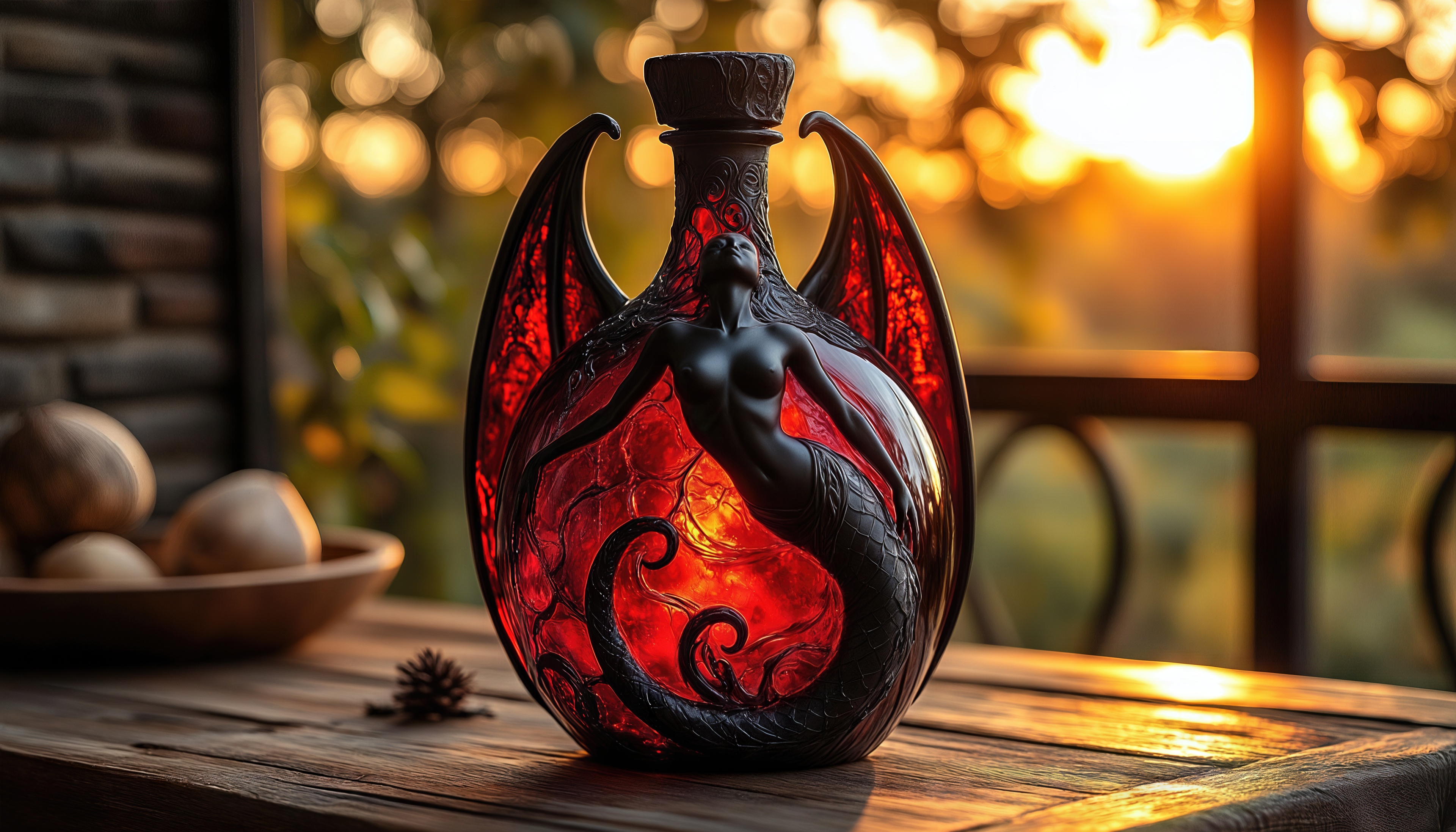 Бесплатное фото Бутылка с драконьими крыльями хранит образ русалки в закатном свете