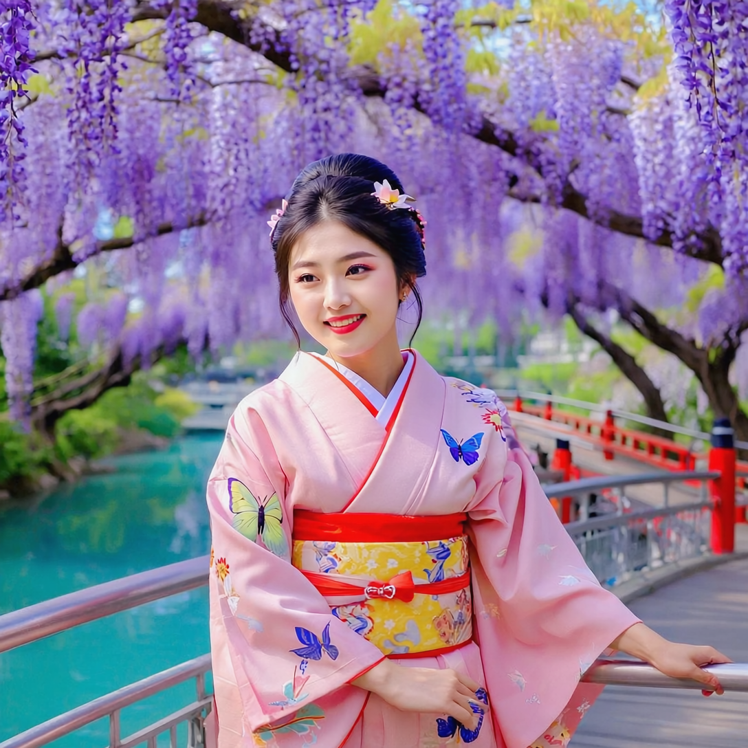 Японская молодая девушка улыбается прохожим, стоя на мостике в парке