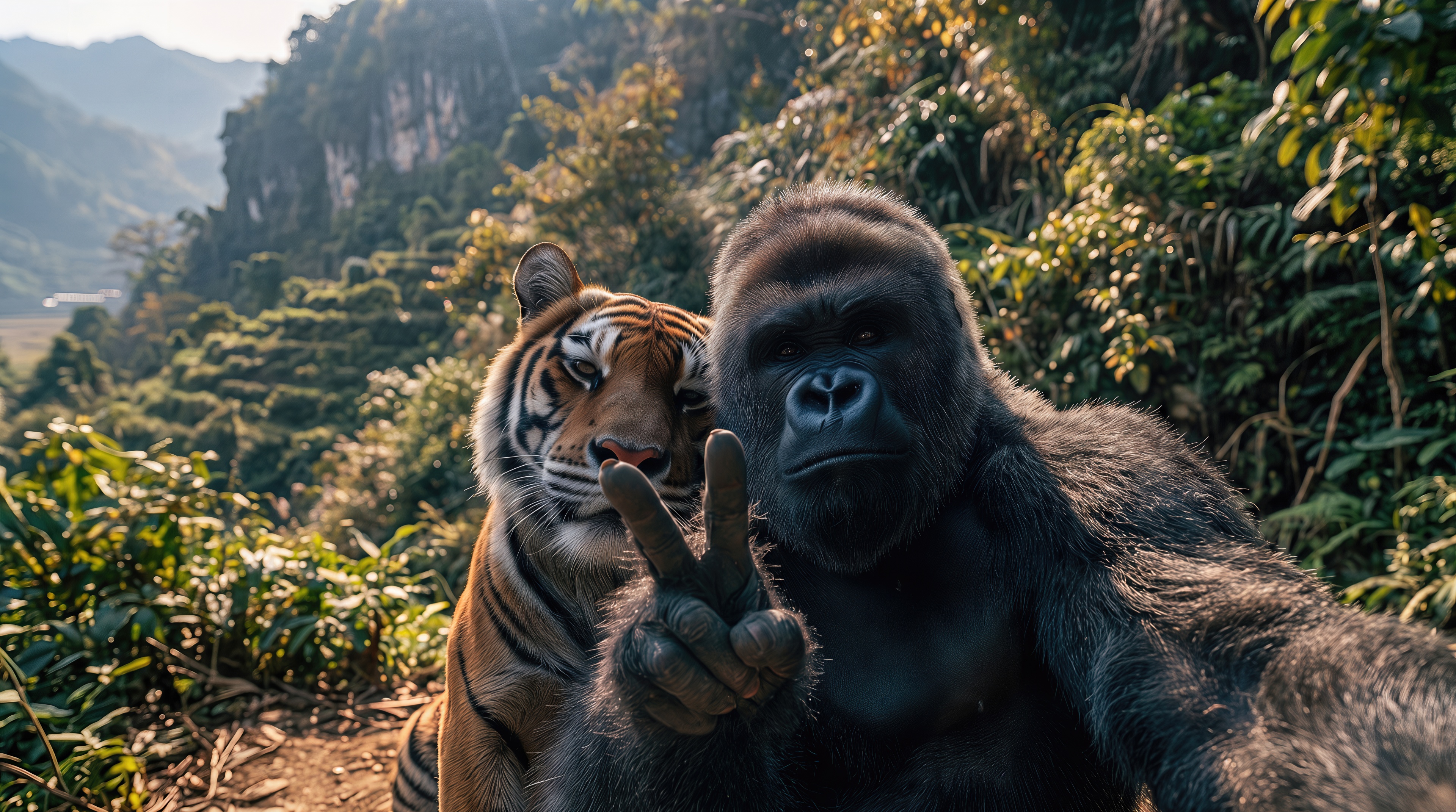Wallpapers gorilla tiger selfie on the desktop