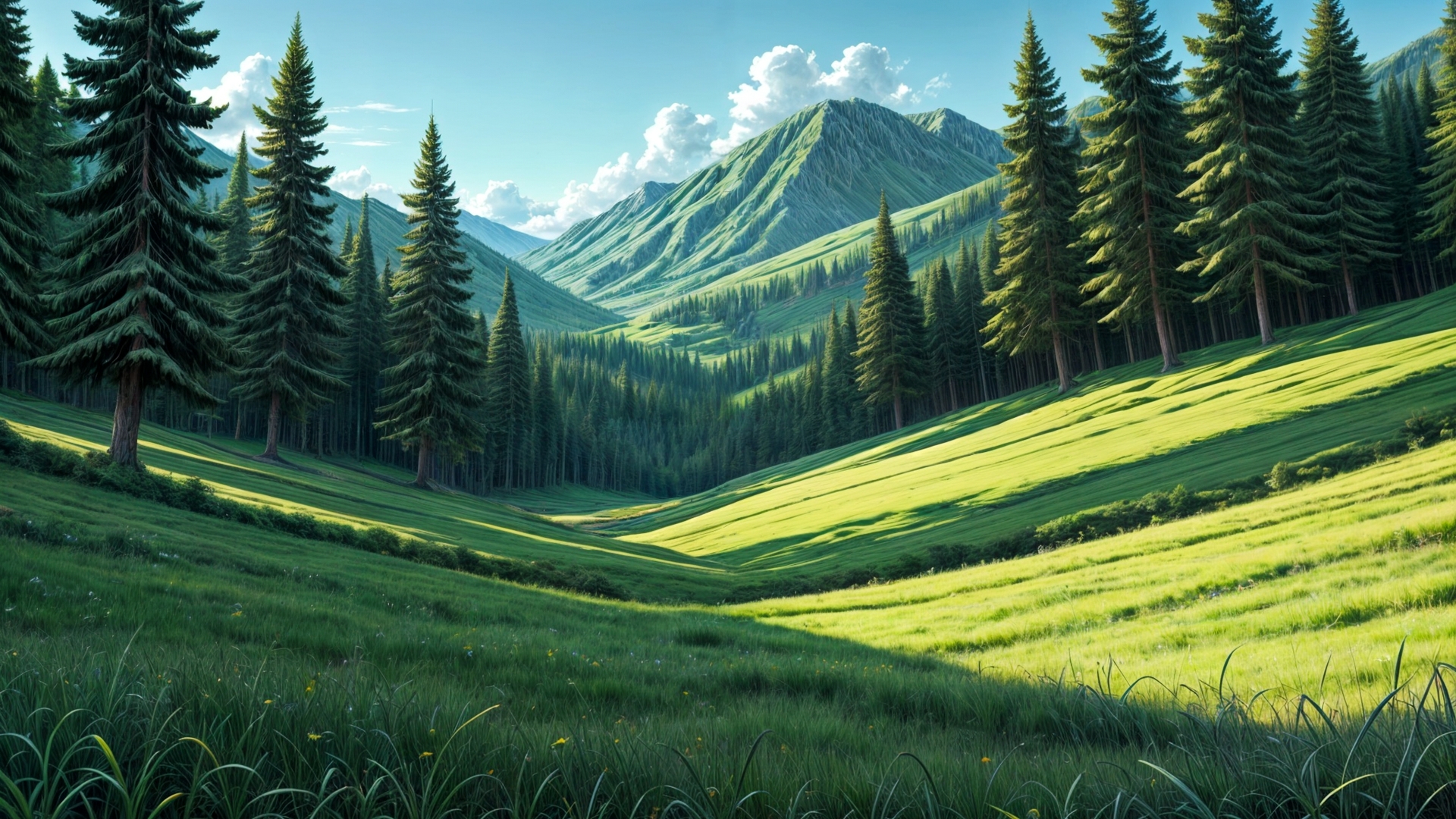 Free photo Forested morning landscape and mountains in the background