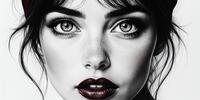 Графический портрет женщины с выразительными глазами и яркими красными губами на черно-белом фоне.