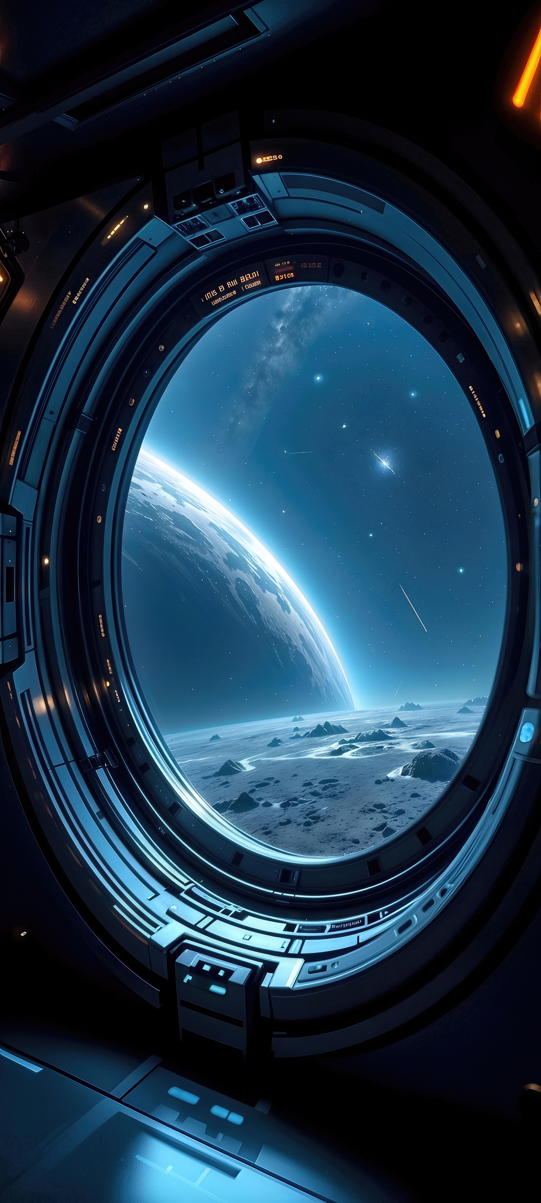Free photo View from the circular porthole of the space station to a huge inhabited planet and a star-studded sky.