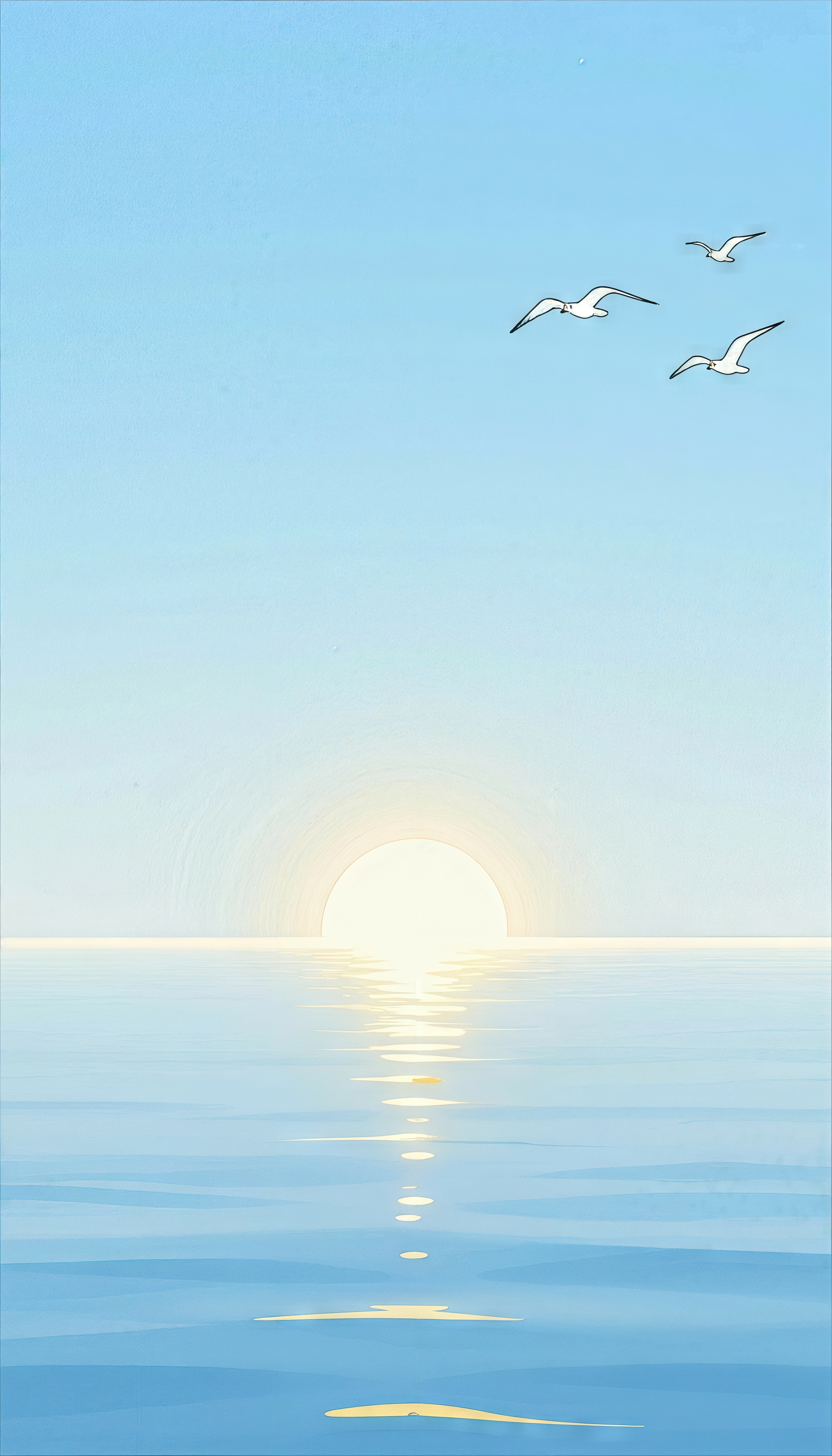 Free photo The gentle sun rises slowly over the sea against a clear blue sky with three flying birds.