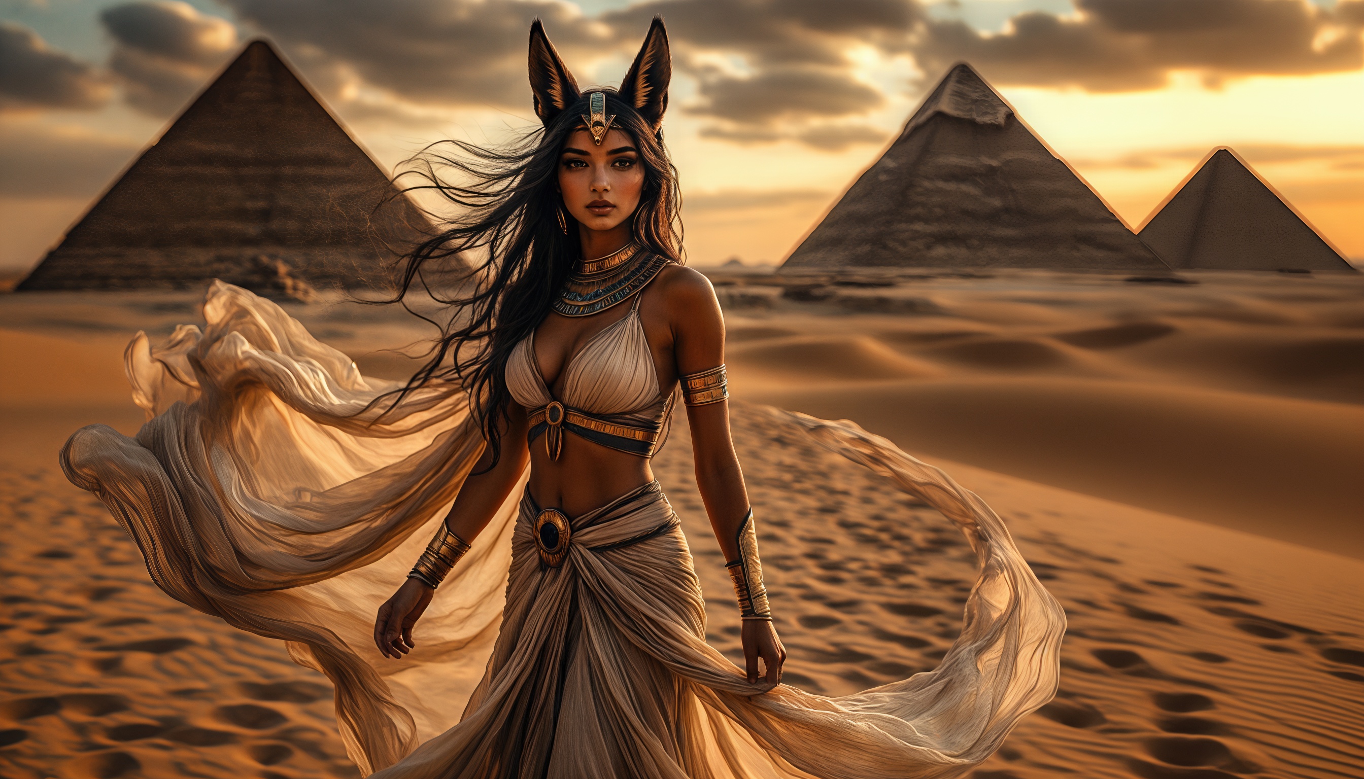 Бесплатное фото Женщина с кошачьими ушами, напоминающая богиню Бастет, стоит на фоне пустынного пейзажа с пирамидами.