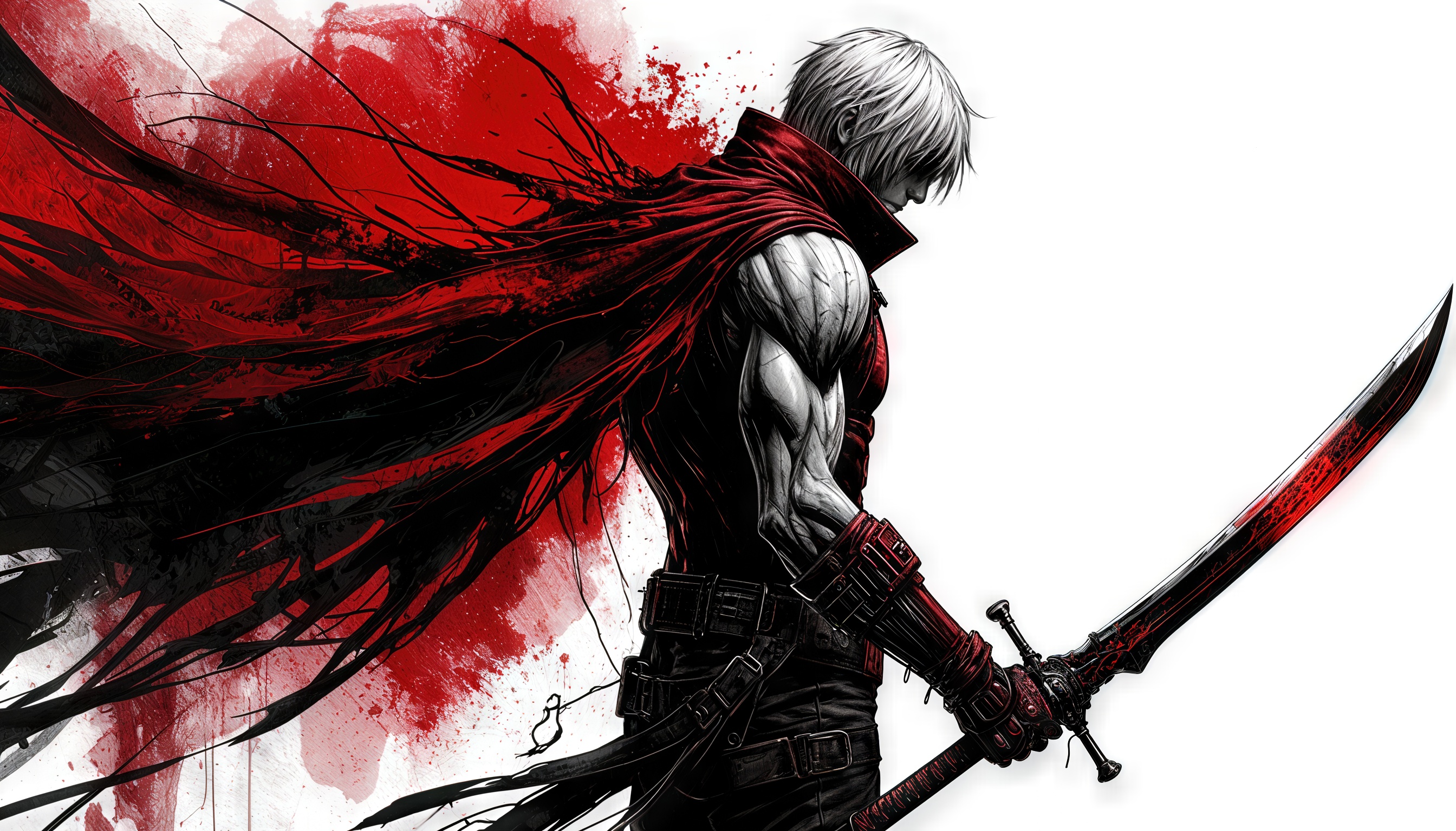 Данте в алом плаще с мечом в руке - воплощение хаоса и силы, танцующий на грани битвы.