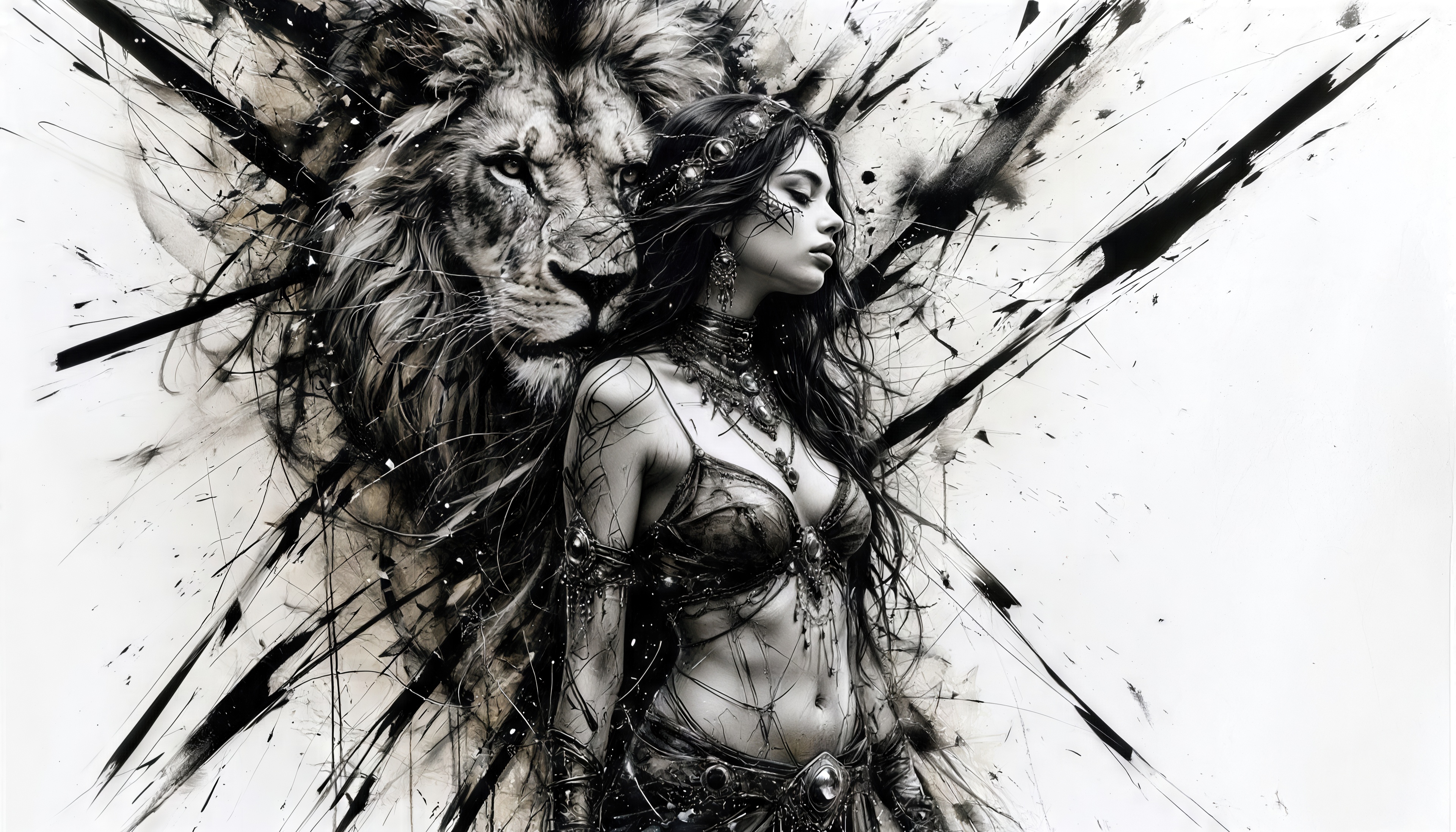 Бесплатное фото Мистическая женщина в этнических украшениях сливается с образом величественного льва.