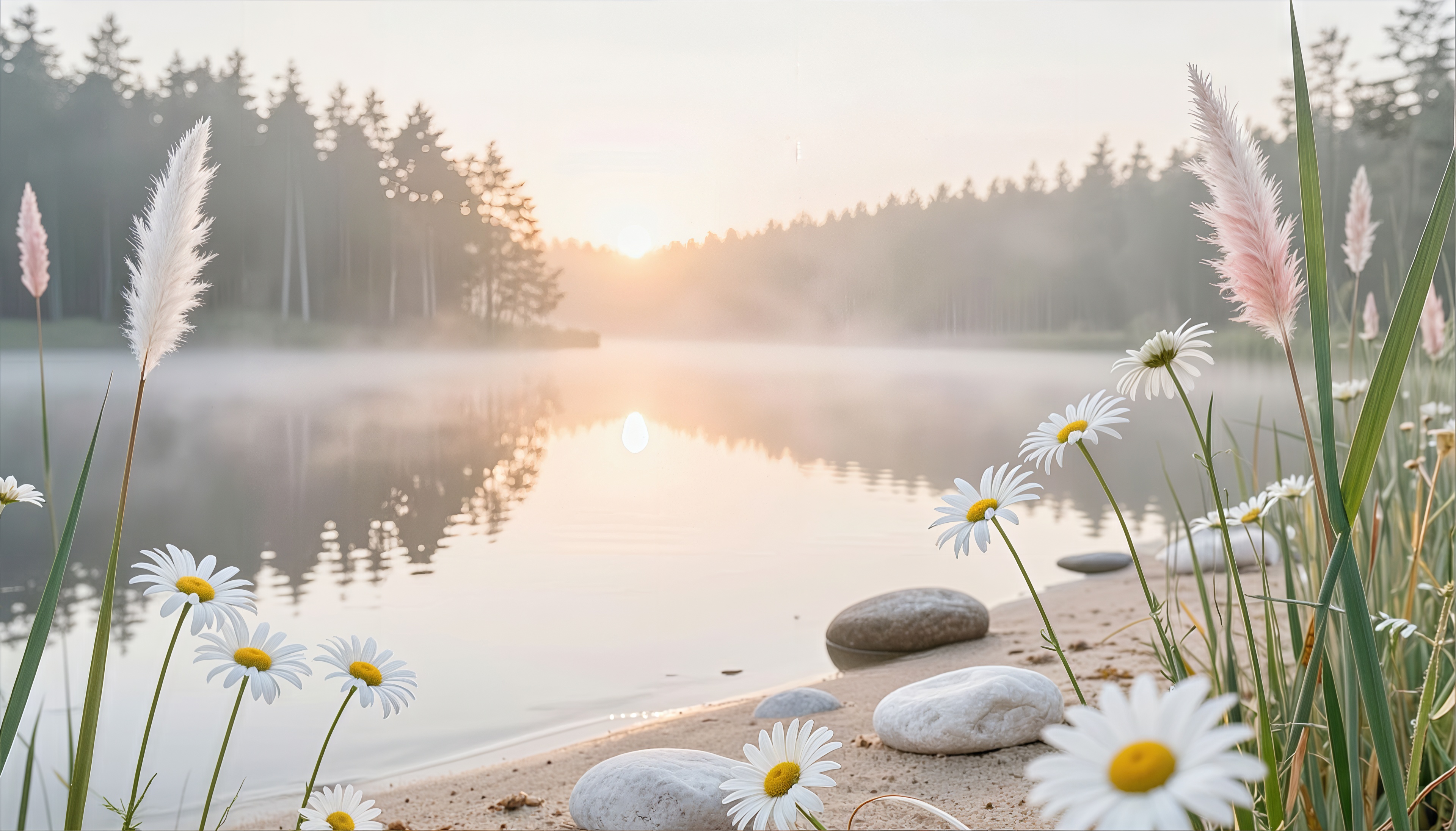 Free photo A gentle morning landscape: daisies and fluffy spikelets on the sandy shore of a forest lake in the misty rays of dawn.