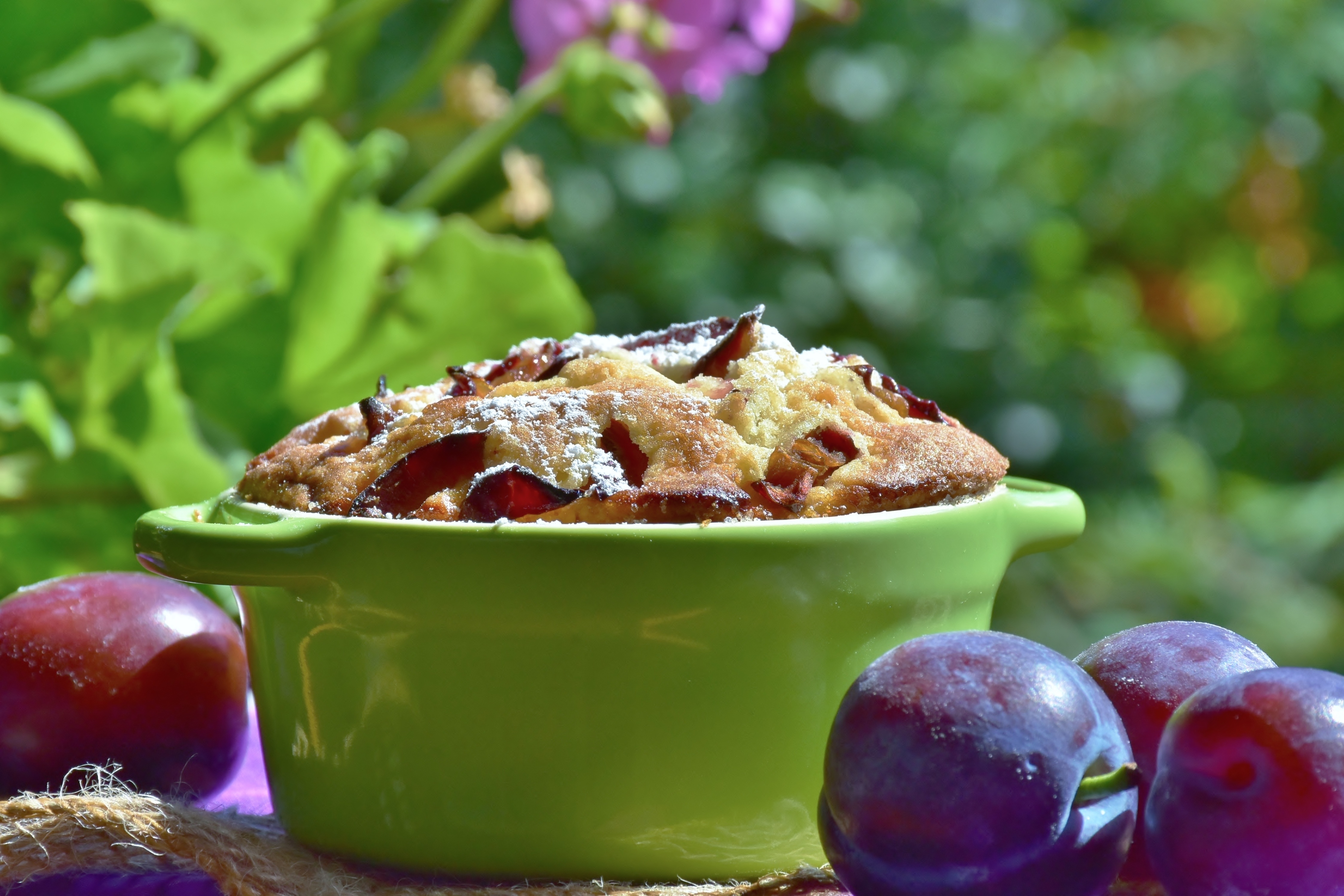 Wallpapers plum cake fruits bowl on the desktop