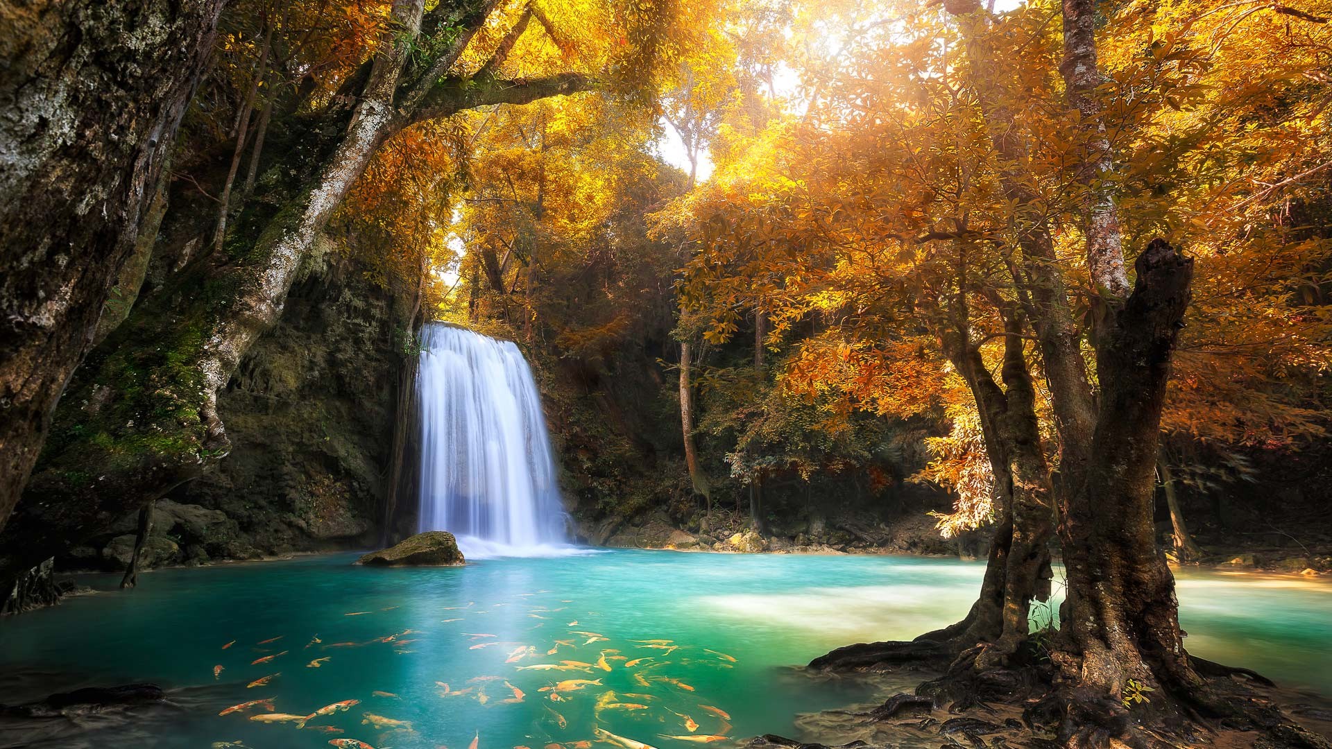 Erawan Falls in a forest with bright fall foliage.