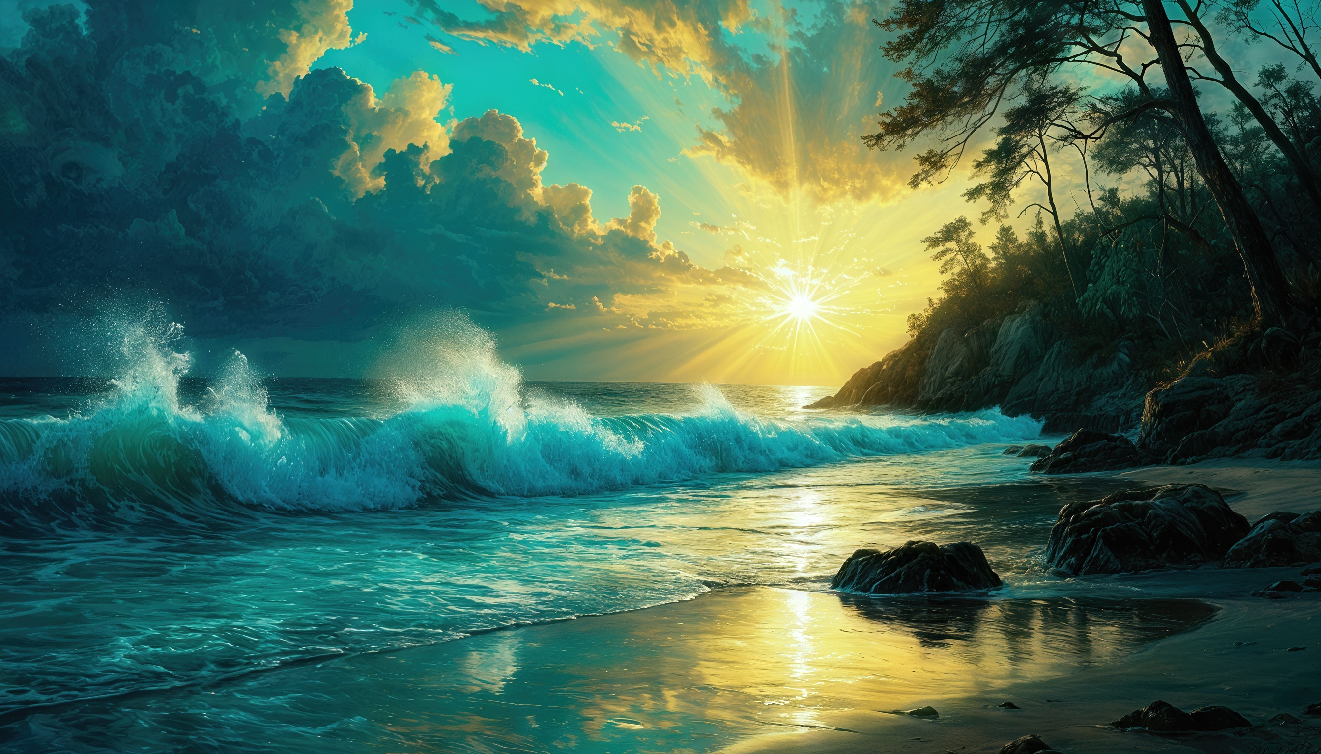 Бесплатное фото Бирюзовые волны накатывают на берег в лучах заходящего солнца.