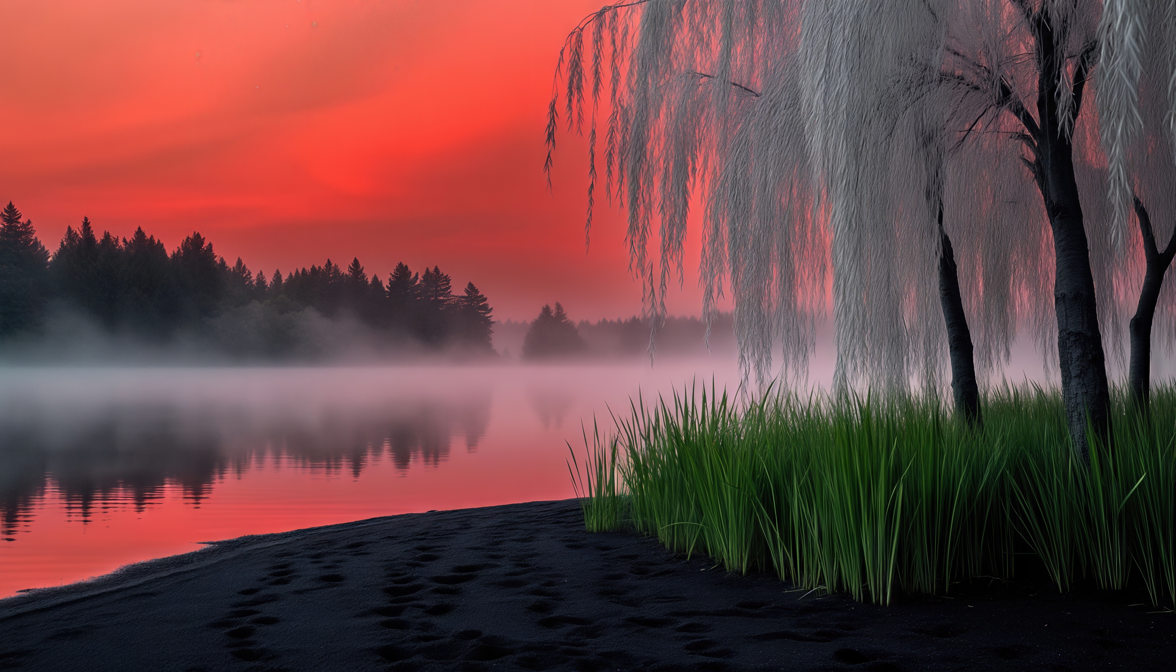 免费照片湖边雾蒙蒙的早晨：垂柳和猩红的天空创造了一幅神奇的图画。