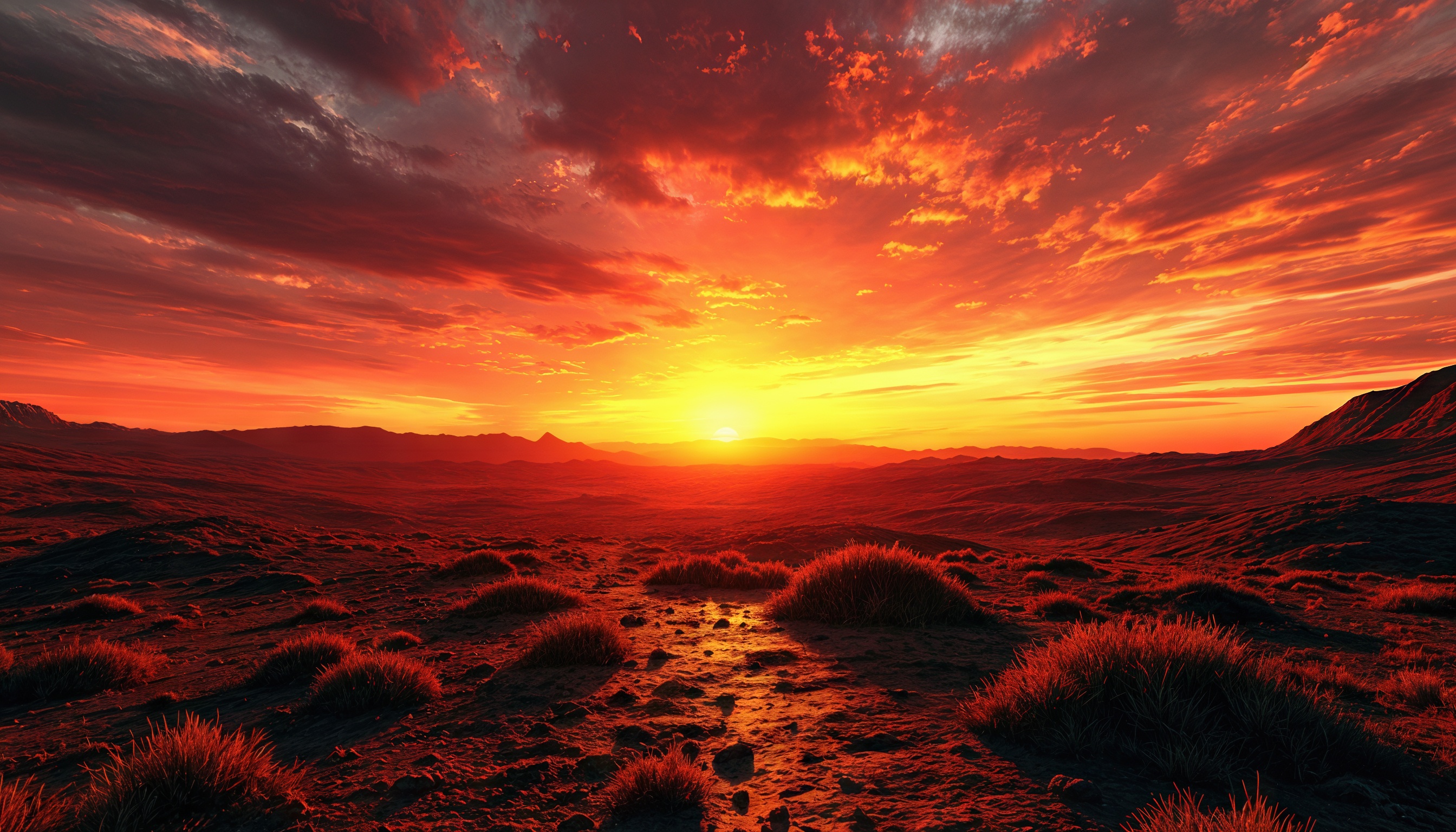 Бесплатное фото Закат в пустыне с яркими красками неба, песчаными дюнами и редкими растениями.