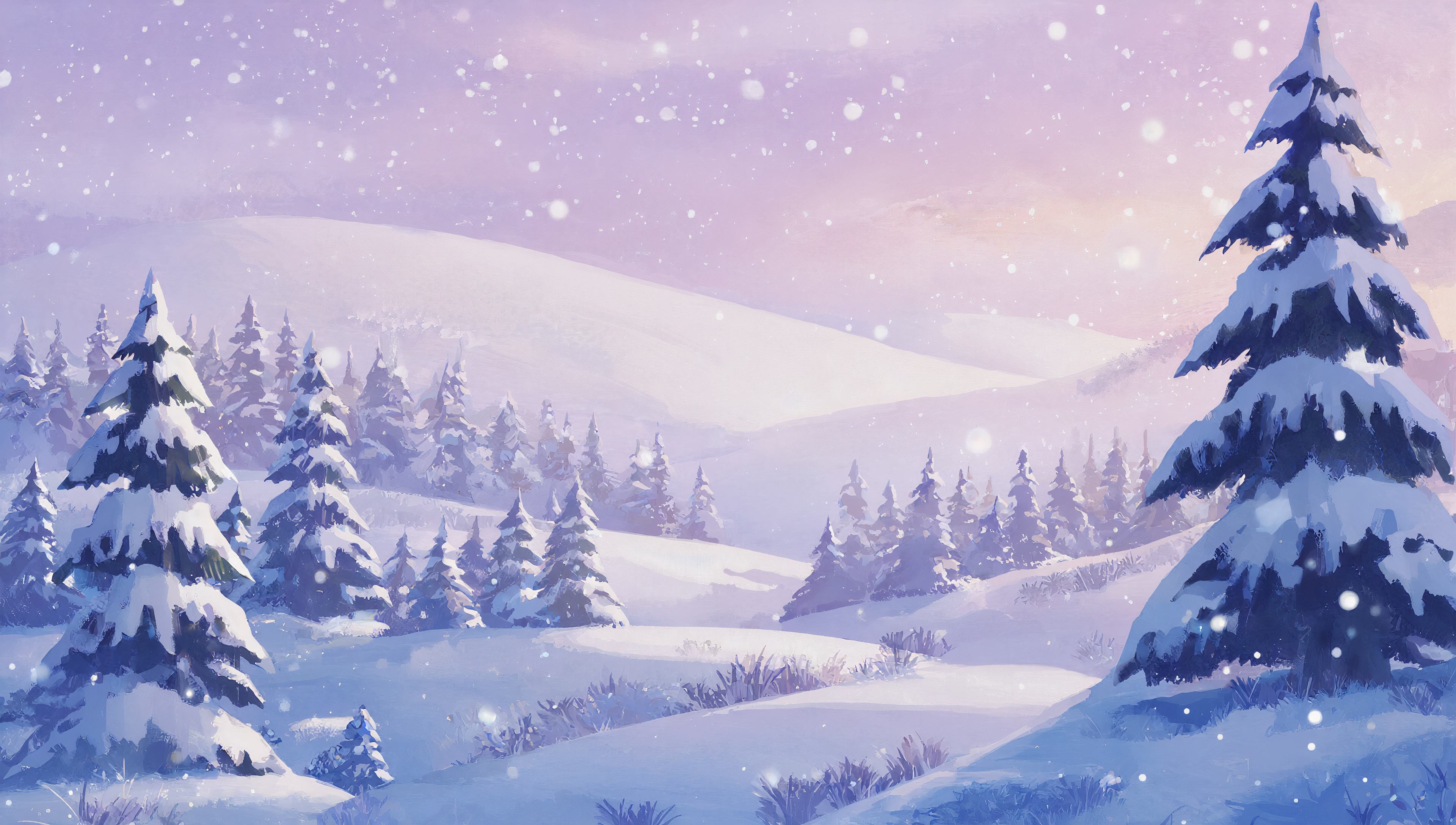 Wallpaper on the desktop, landscape in winter snow, sunrise, rare spruce forest