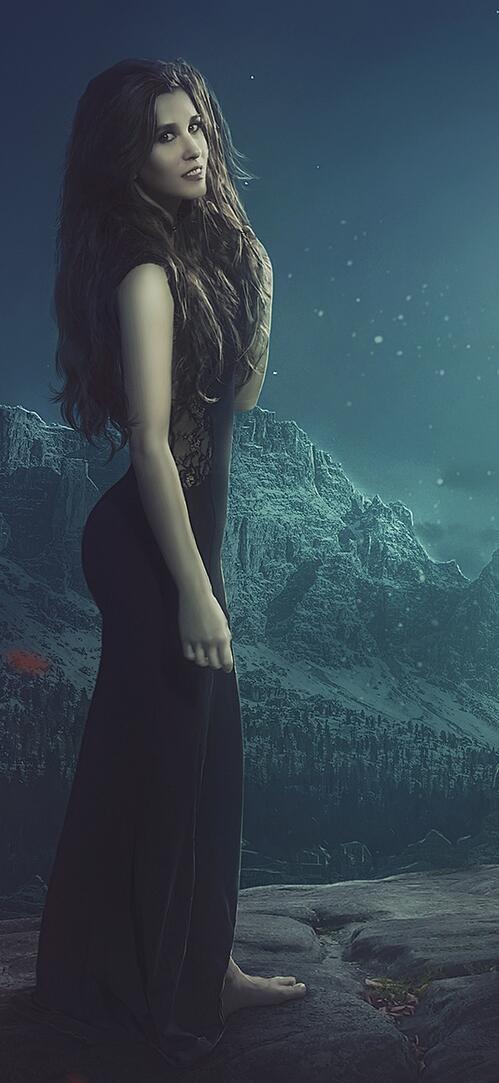 Обои белый волк и женщина полумесяц звезды на рабочий стол