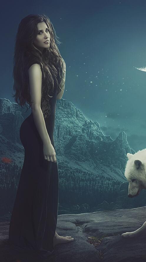 Обои белый волк и женщина полумесяц звезды на рабочий стол