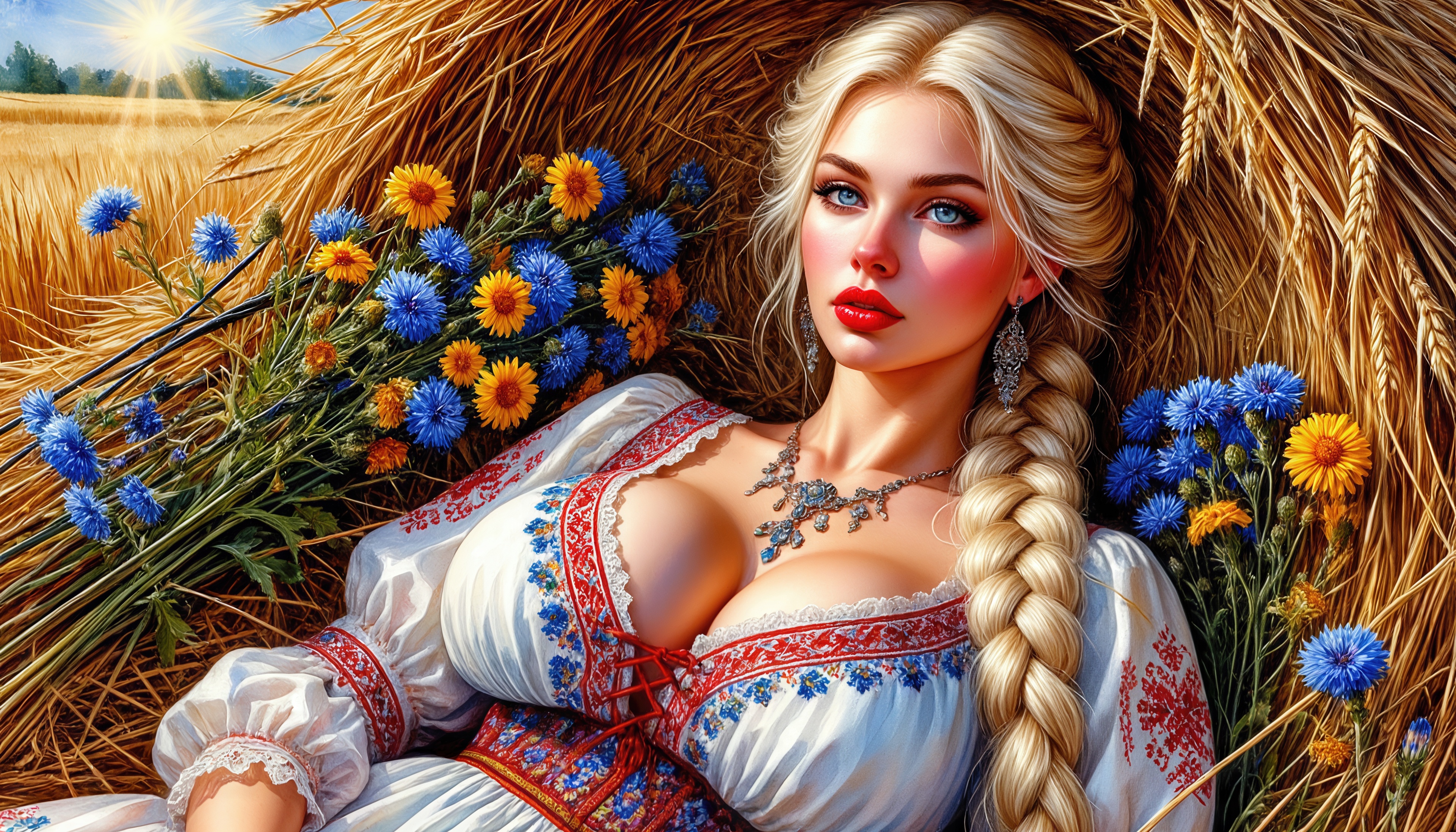 Бесплатное фото Девушка с длинной косой в народном платье, окружённая полевыми цветами.