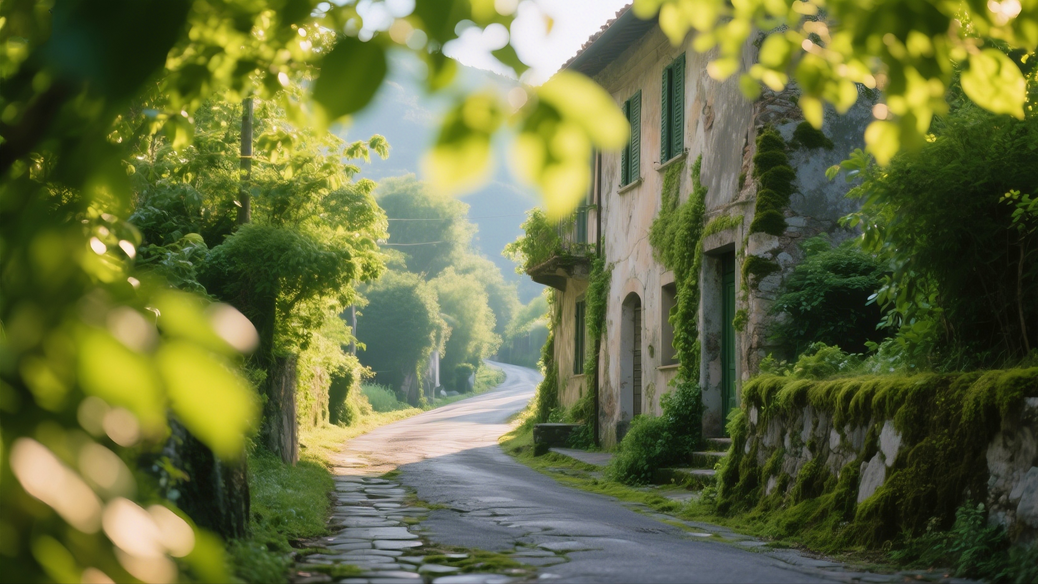 Бесплатное фото Солнце ярко светит на тихой дороге в старом городе.