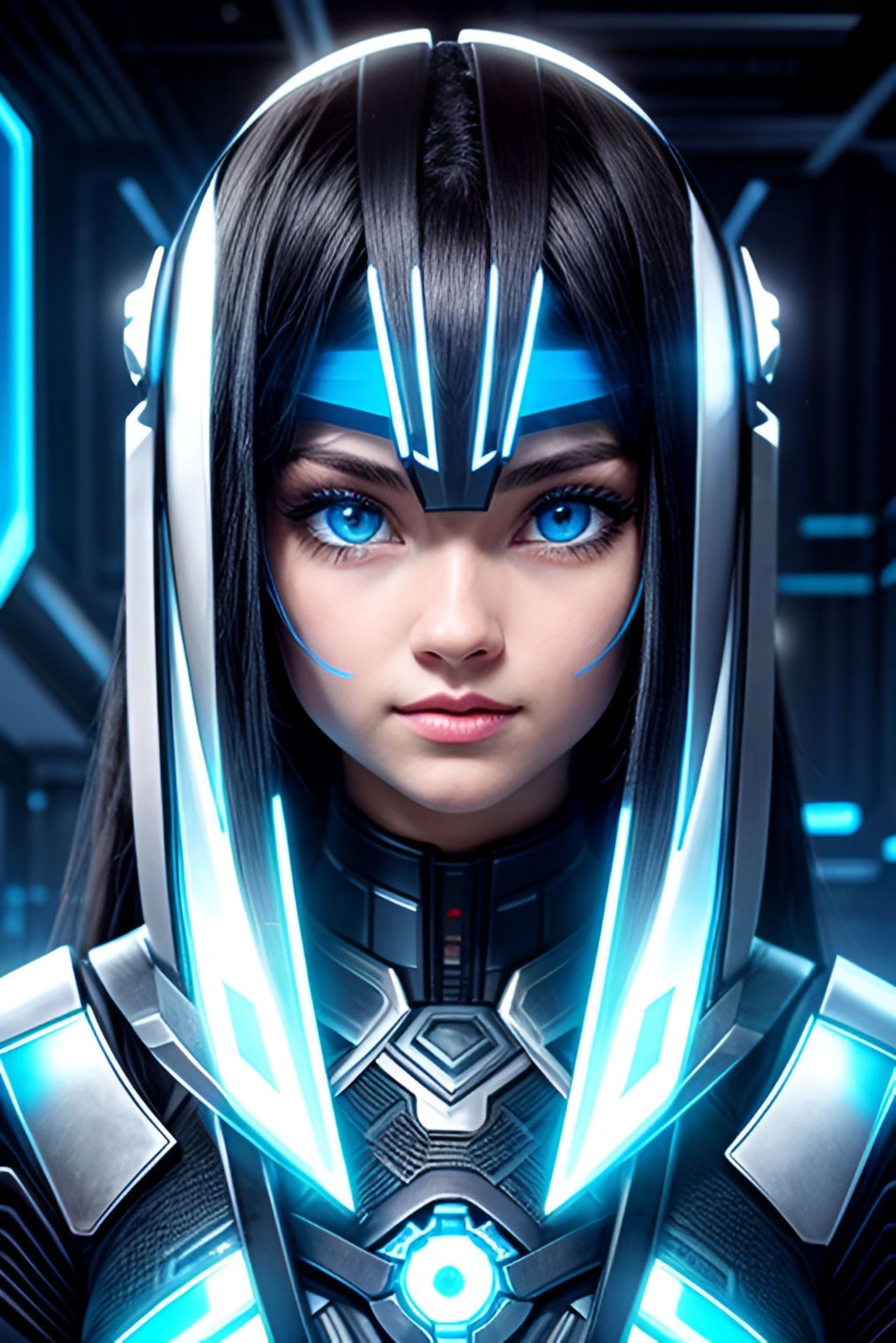 A girl, in power armor, with blue eyes.